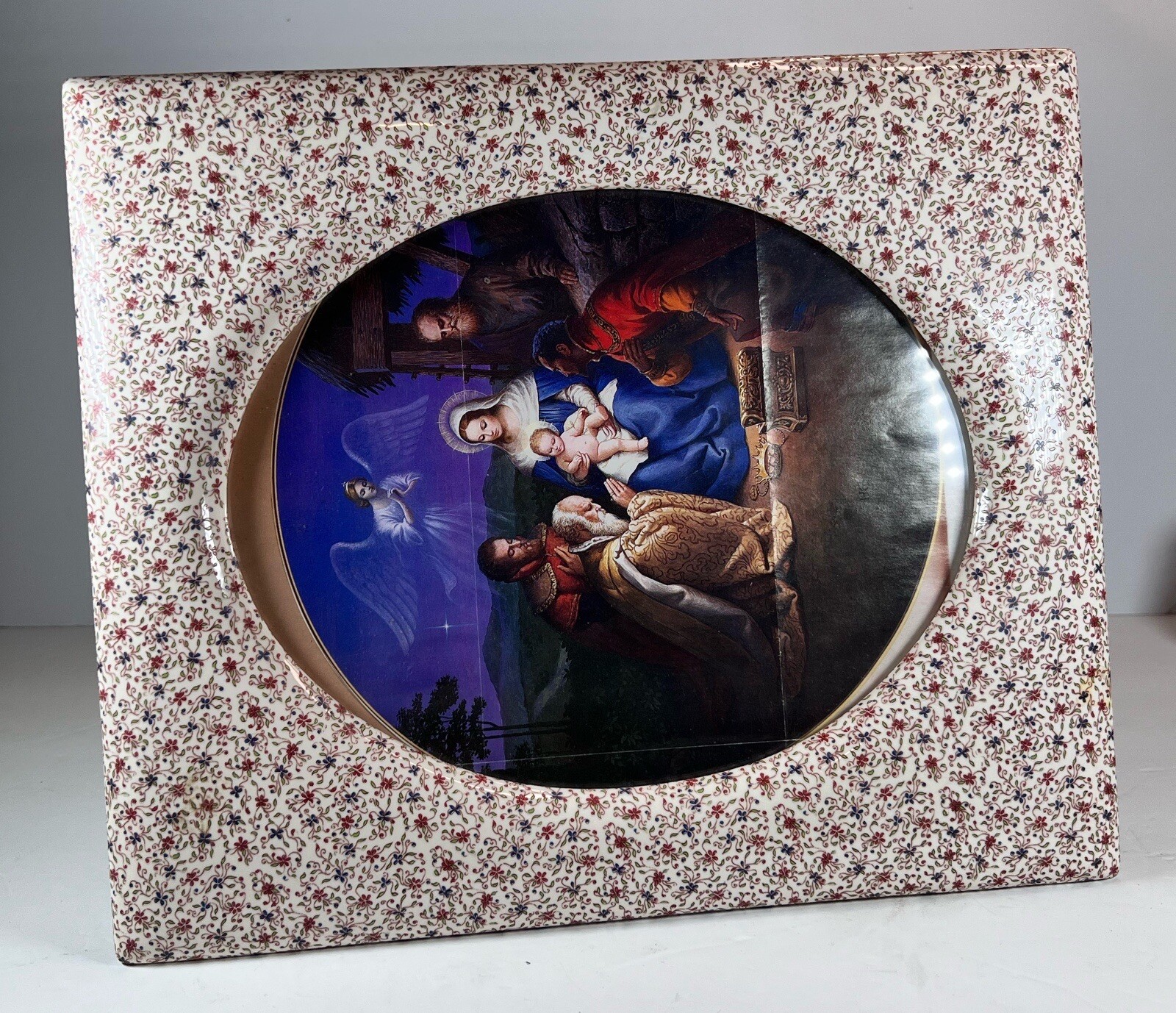 Vintage Ceramic Rectangular Frame Burgundy & Navy Blue Floral Oval 8X10 Photo
