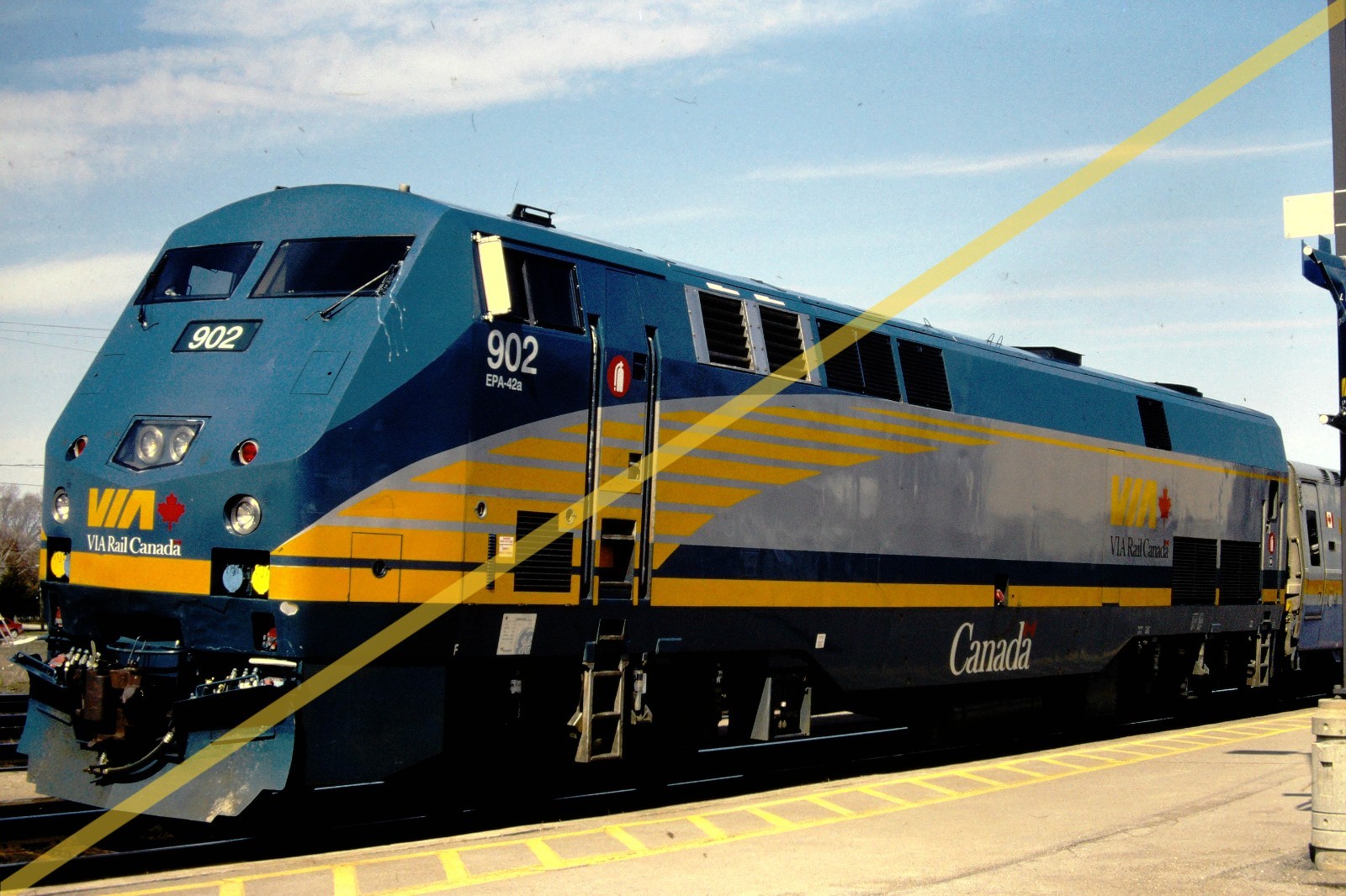 VIA Rail 902 original film slide p42dc loco – Belleville – CANADA