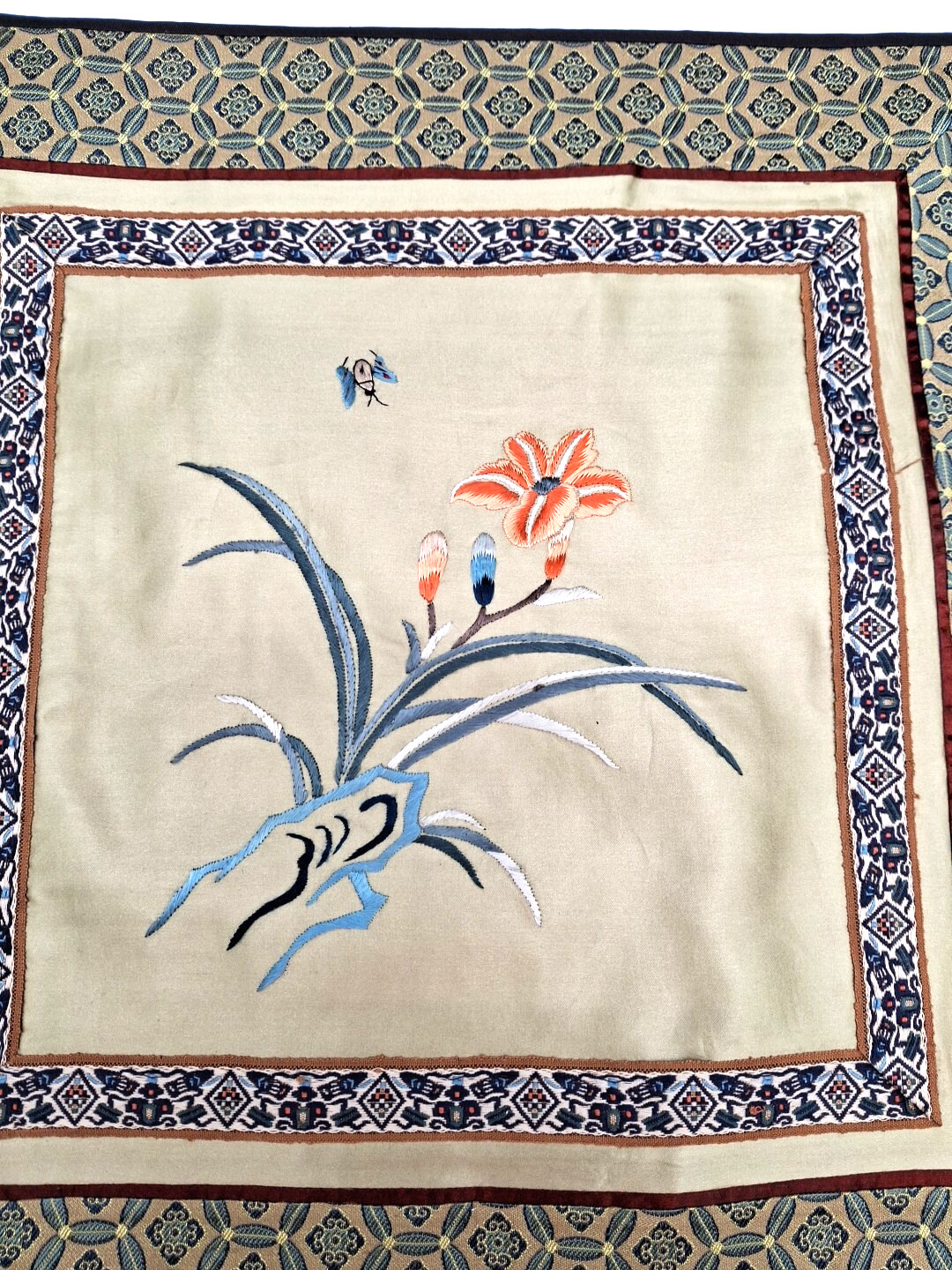 VTG Asian Silk Panel 13″ Square Hand Embroidered Flowers Butterfly NEW