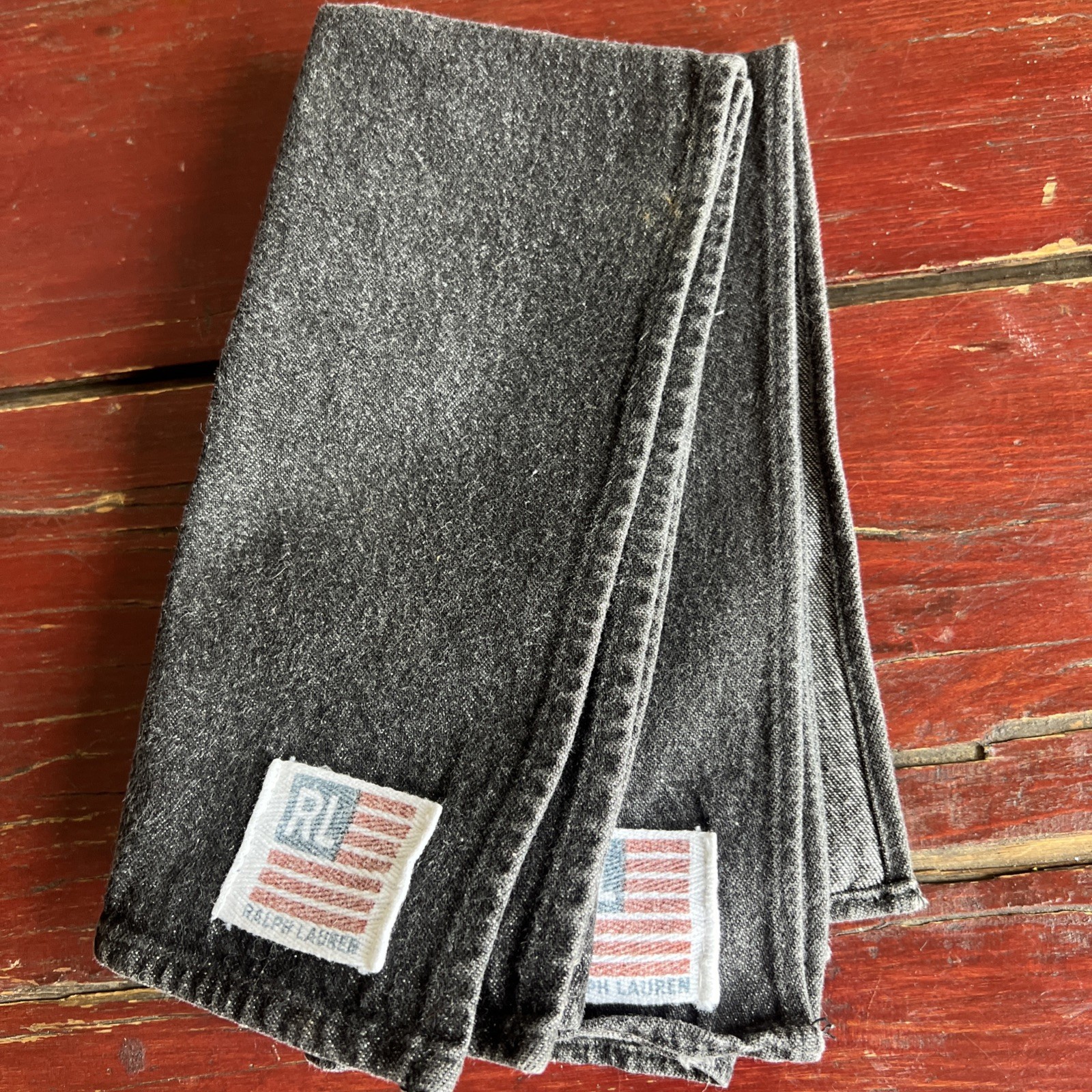 Vintage Ralph Lauren RL Flag Logo Napkins Set Of 2 Black Denim Americana