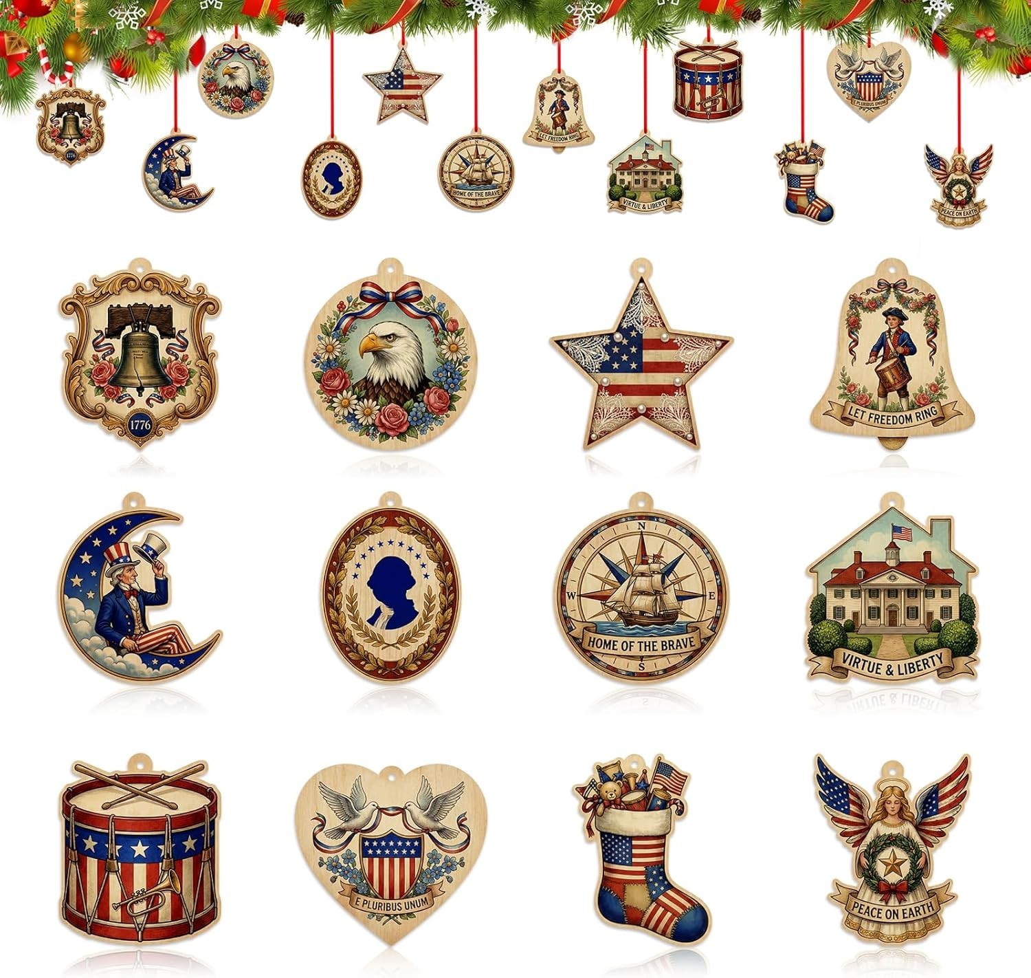 12 Pcs 250th Anniversary USA Vintage Patriotic Hanging Ornaments Decor Set Set