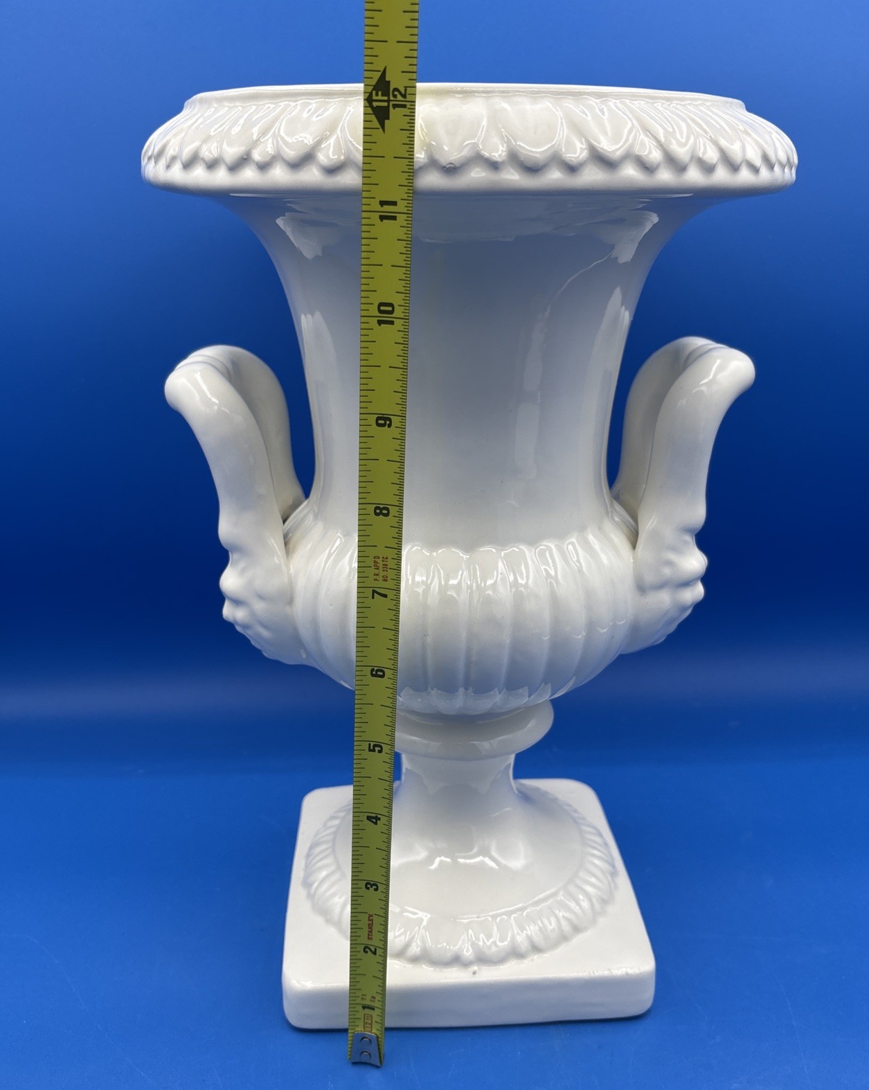 Neo Classical Style Ceramic Urn Planter Vase Double Handle Lion Heads Italy 12”
