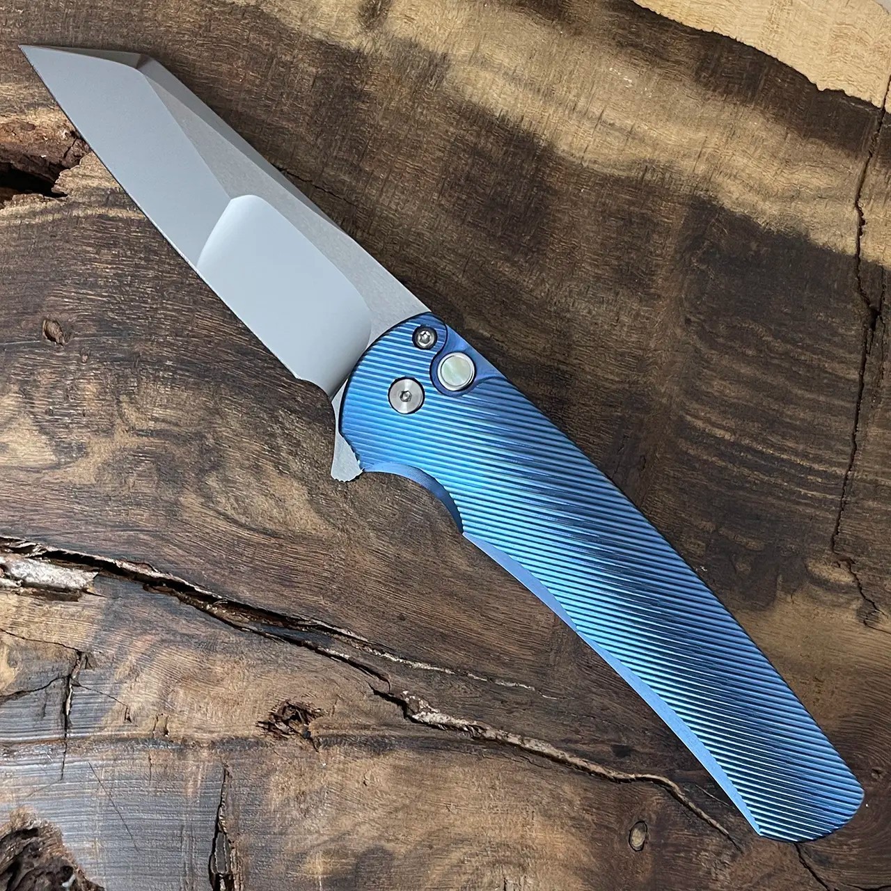 Protech Malibu 2023 003 Compound Ground, Mirror, Reverse Tanto, Blue 3D Machined