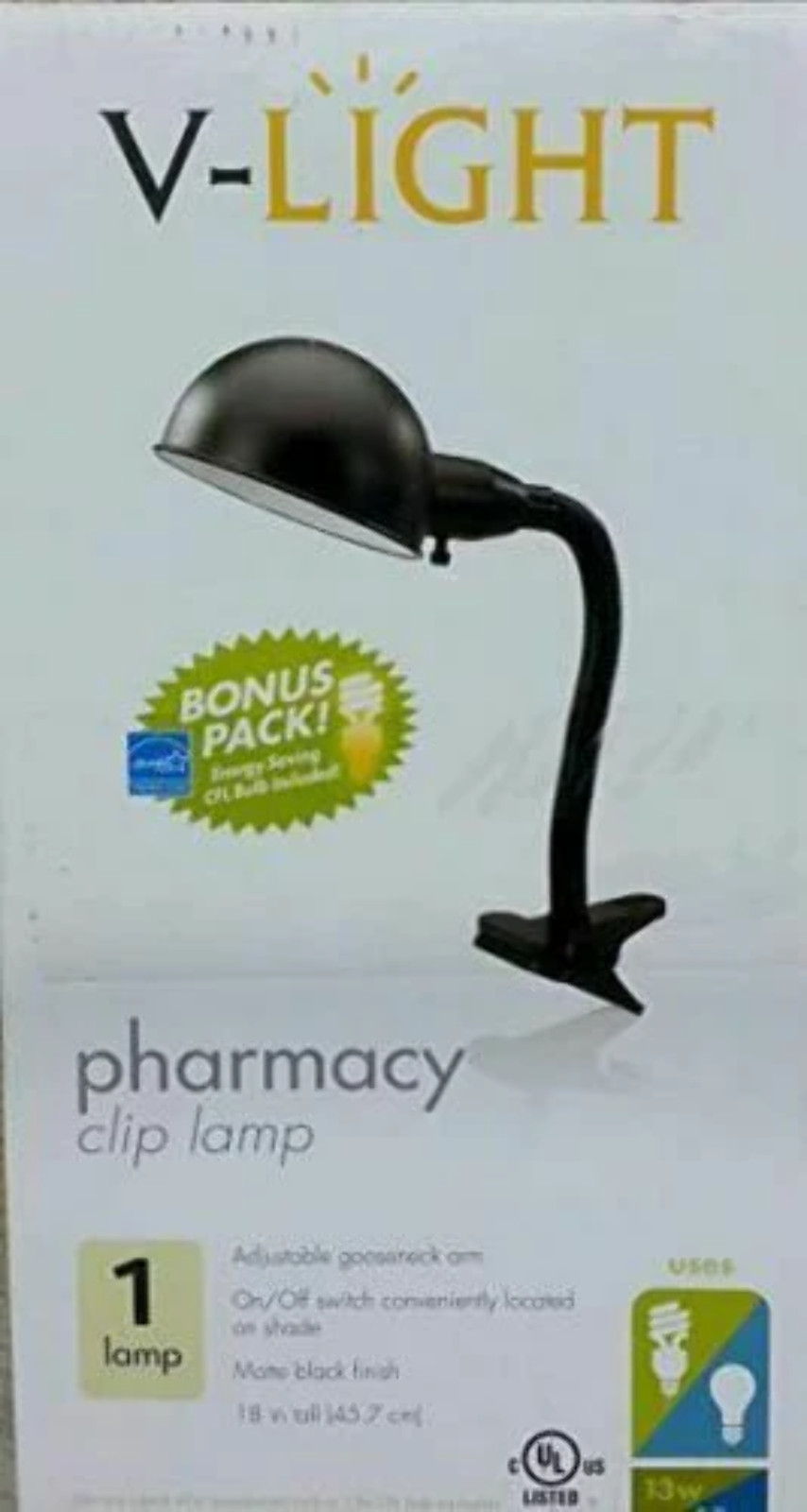 V Light Pharmacy Shade Clip On Table Lamp Matte Black Bulb Included New Sealed