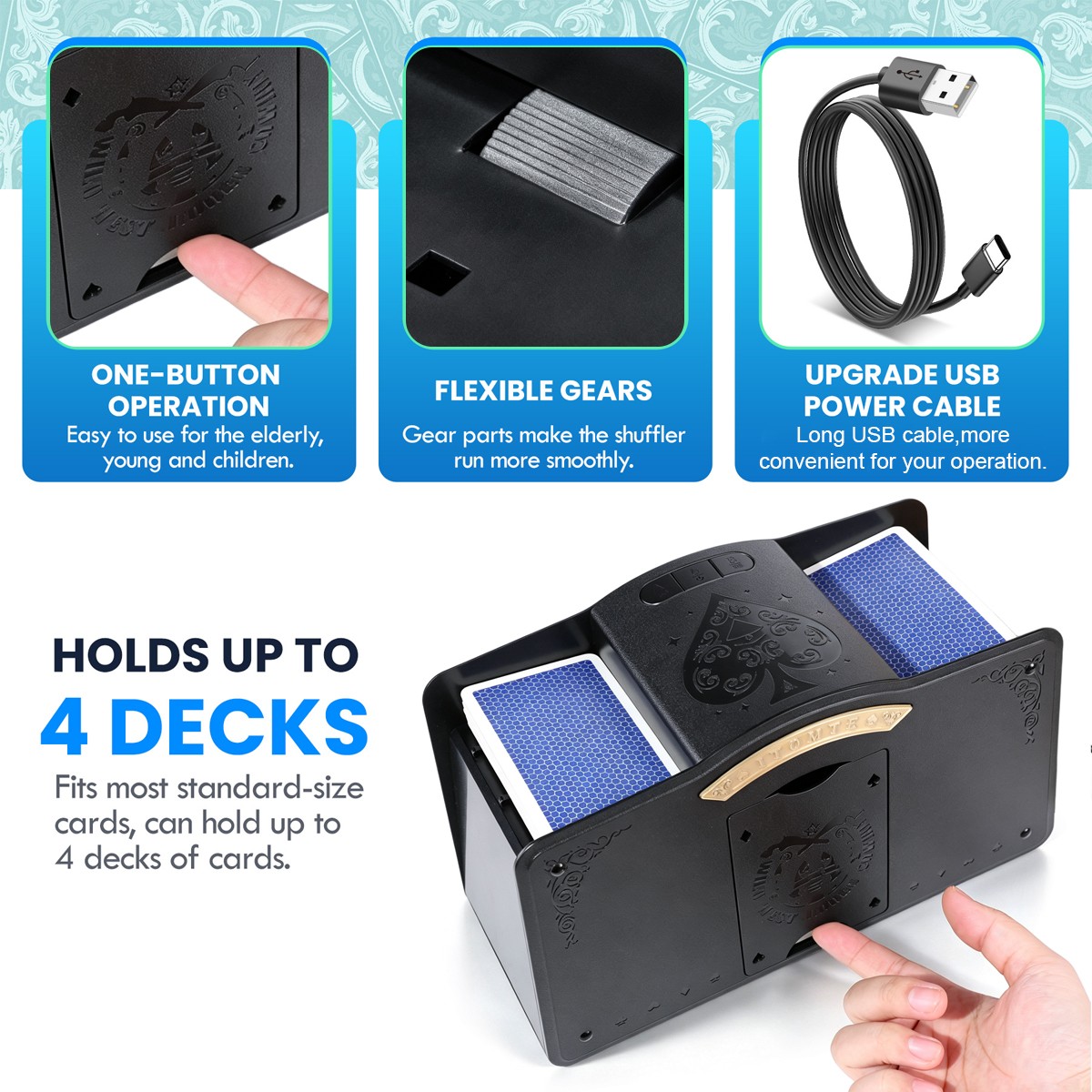 USB Plug in Automatic Card Shuffler for 1-4 Decks, Electric Playing Cards Shuff
