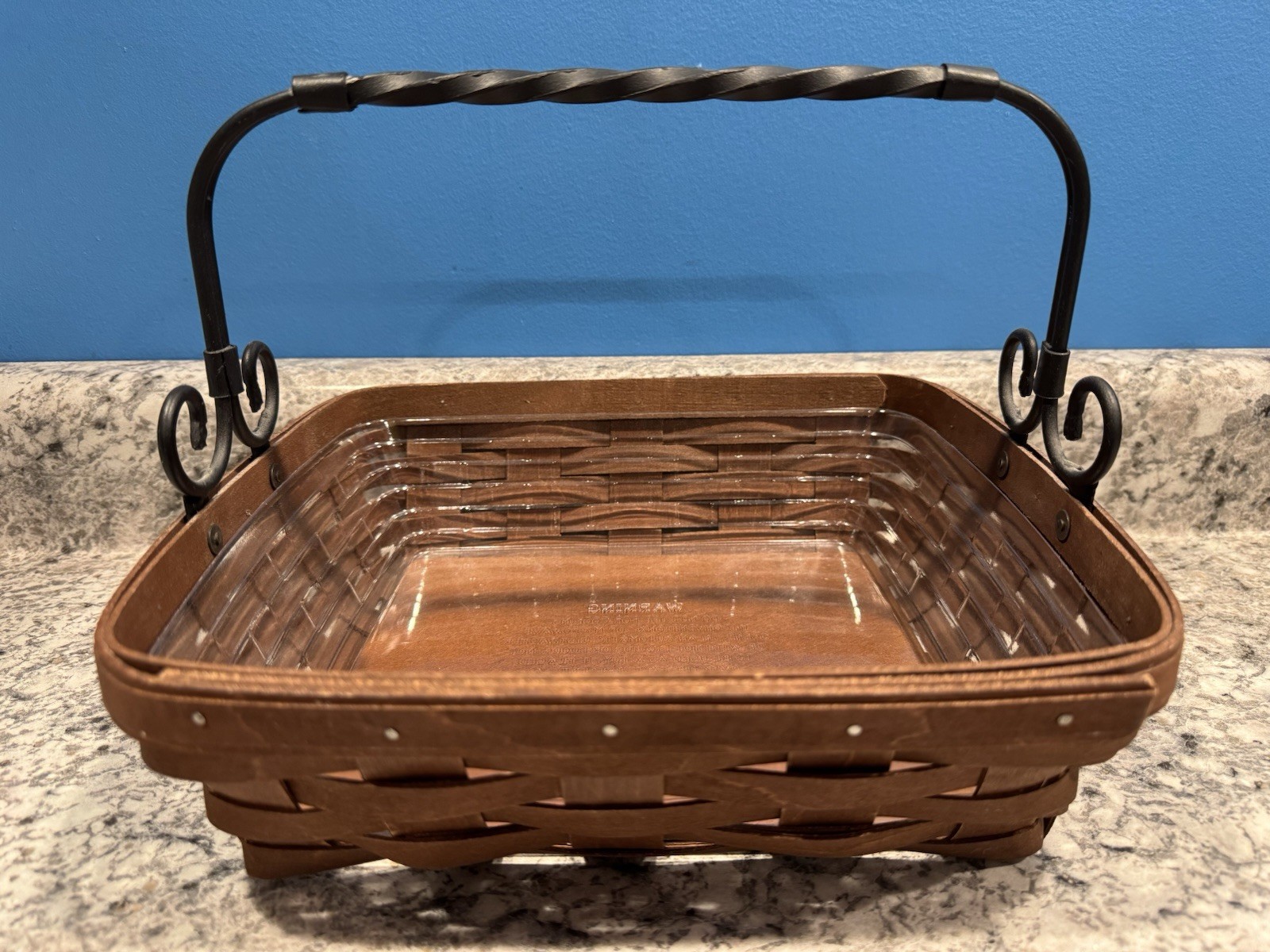 Longaberger Napkin Basket with Plastic Liner Wrought Iron Handle Rich Brown 2013