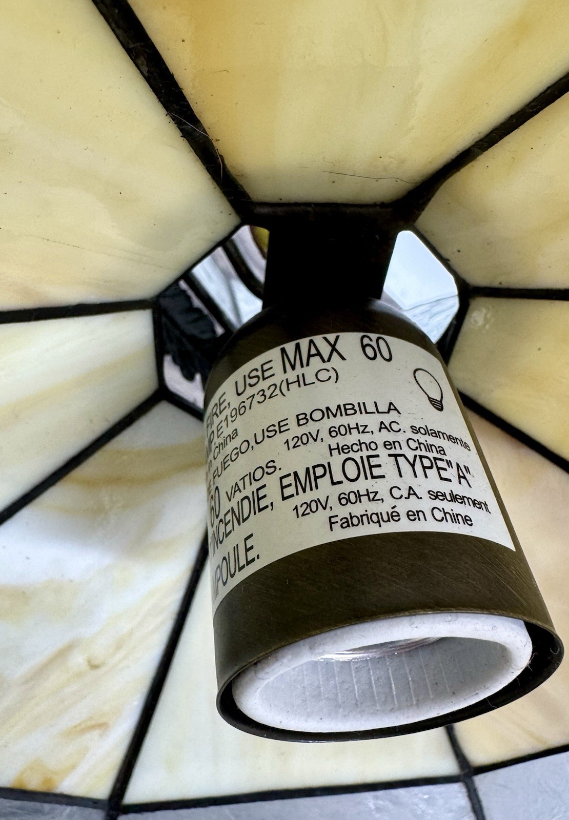 Hanging Stained Glass Beige & Clear Ceiling Light Fixture 11″ Chain & Cord VTG