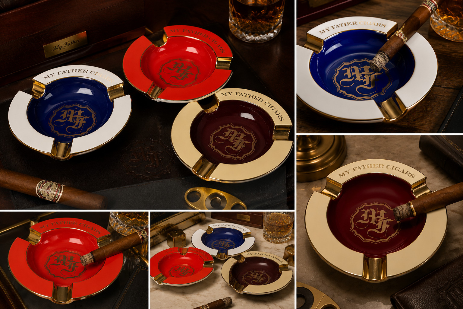 My Father Cigars Round Ceramic Three Cigar Classy Ashtray – Cream / Burgundy