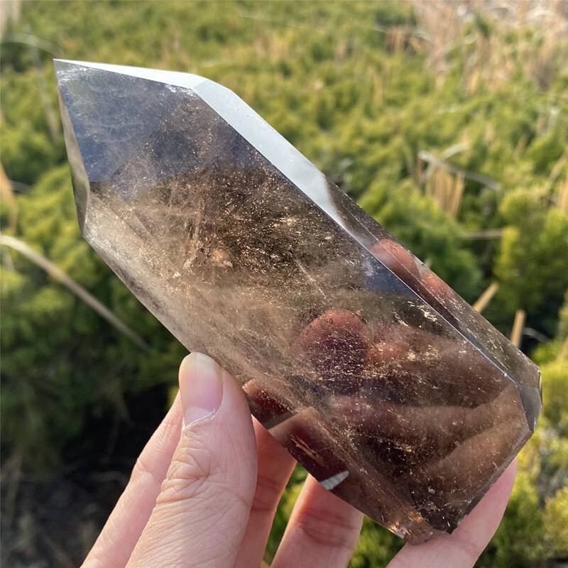 0.94LB Natural Smokey quratz Crystal Obelisk ReikiTower Crystal Wand Point