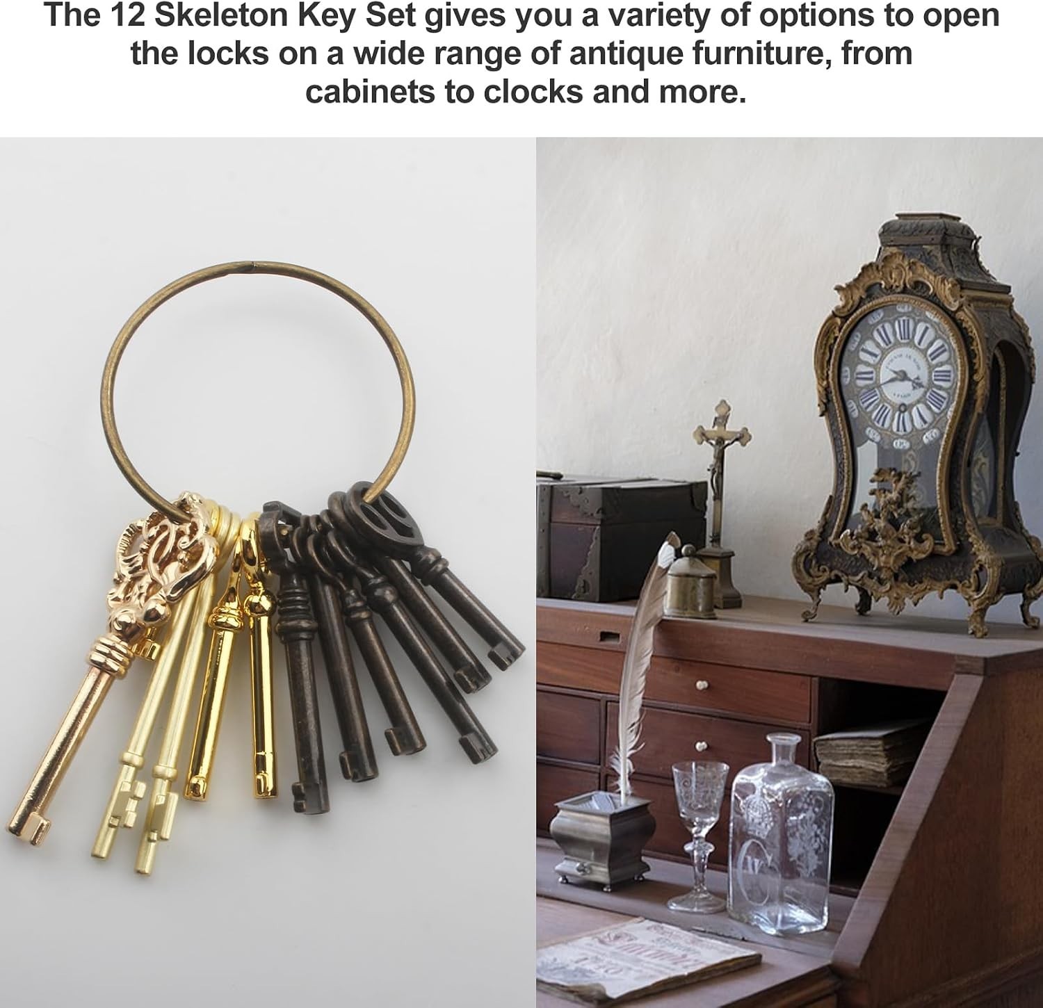 12 Pcs Skeleton Key Set Replacement Vintage Keys for Antique Dresser Cabinet