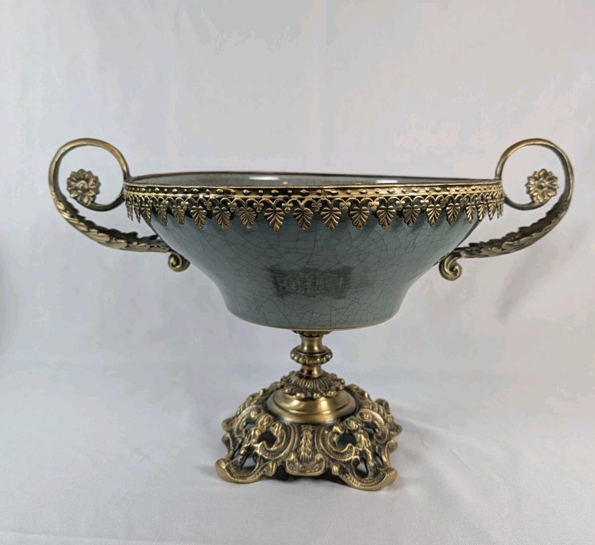 Vintage Jade Ceramic Urn Vase Gilt Bronze Ormolu Footed Neo Rococo Ceremonial