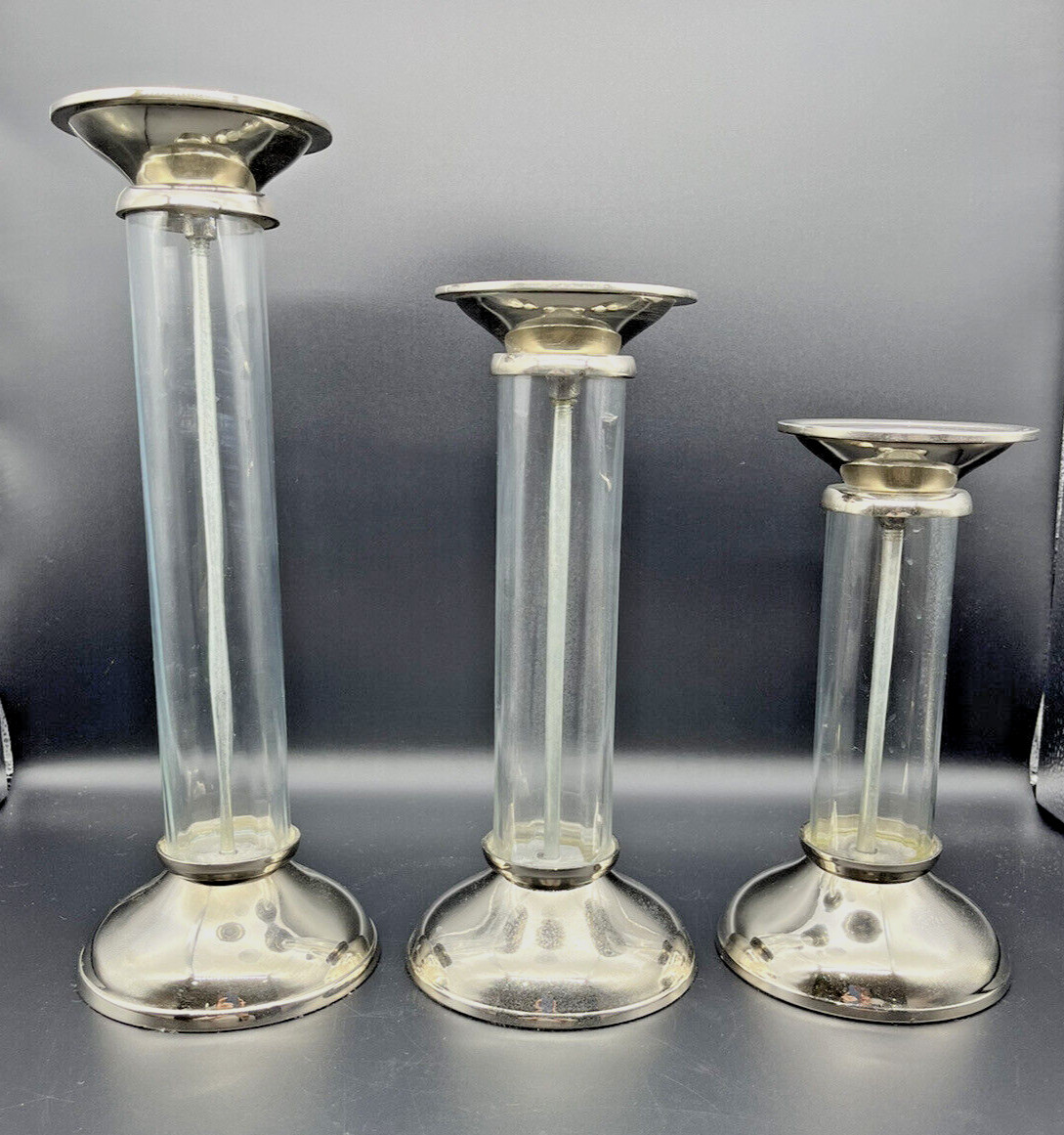 SEARS Candle Holders Graduated Sizes Glass & Nickel India Set of 3 Vintage