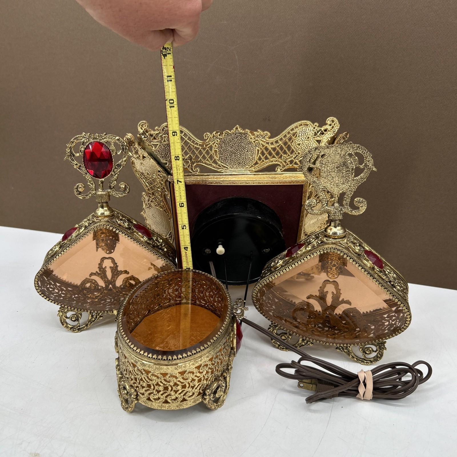 VTG Hollywood Regency Gold Ormolu Perfume Bottle Trinket Clock Filigree Vanity