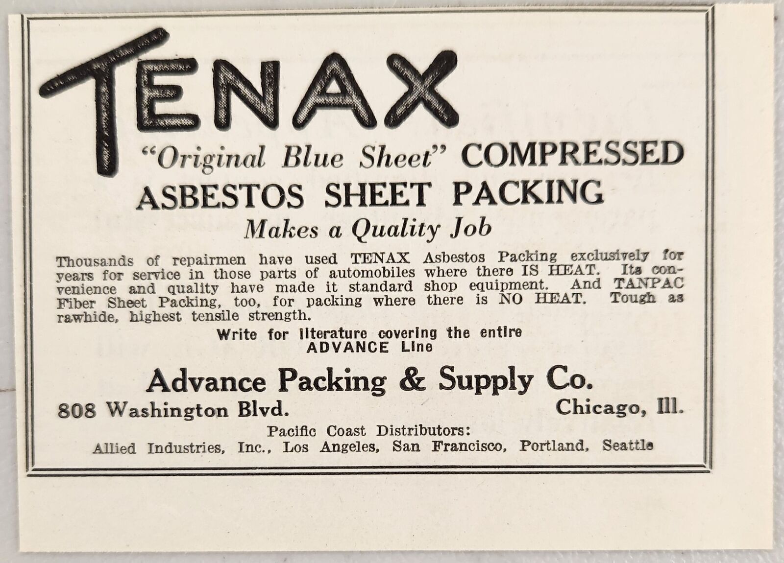 1926 Print Ad Tenax Compressed Asbestos Sheet Packing Advance Chicago,Illinois