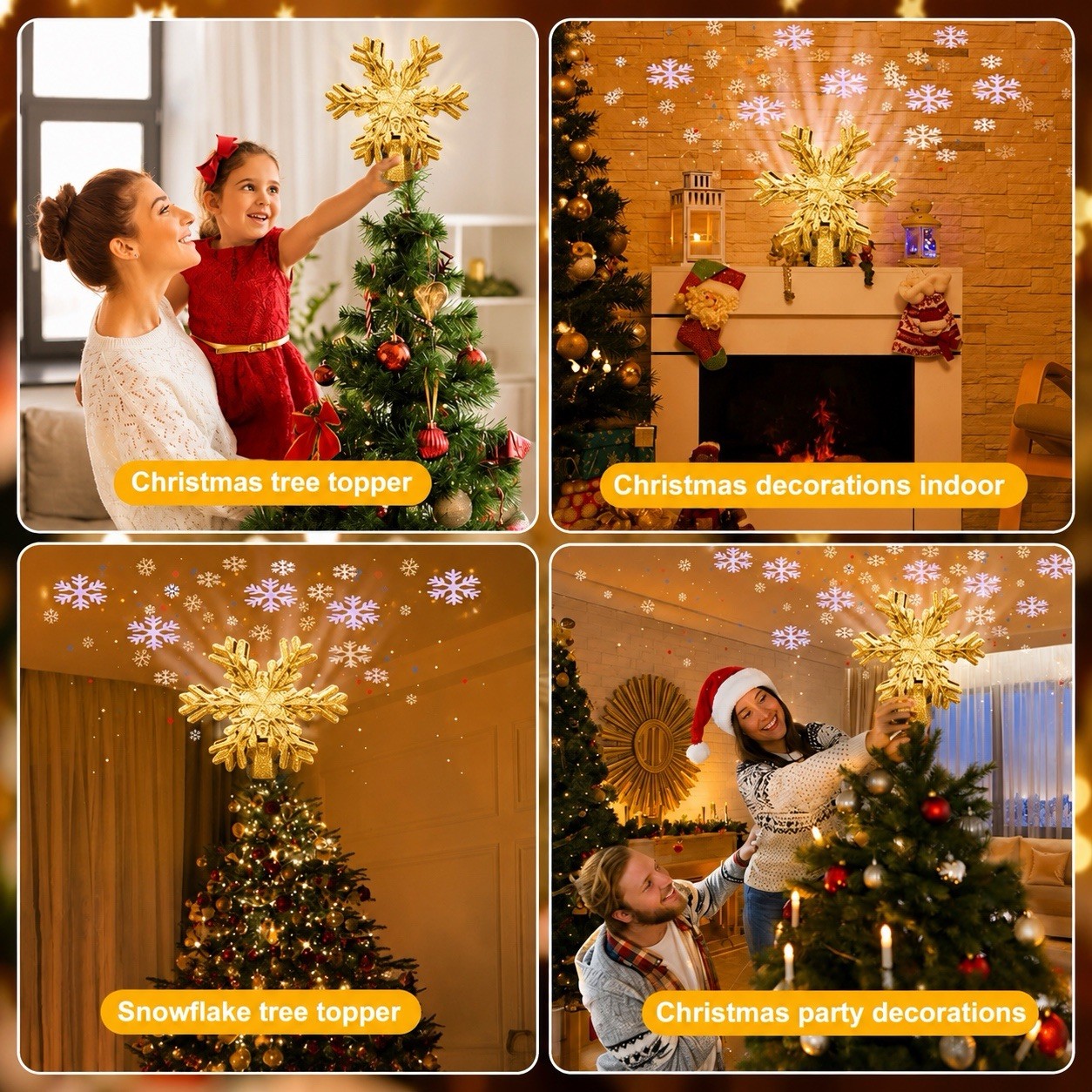 Christmas Tree Topper Star Projector Gold Snowflake 3D Rotating Glitter LED
