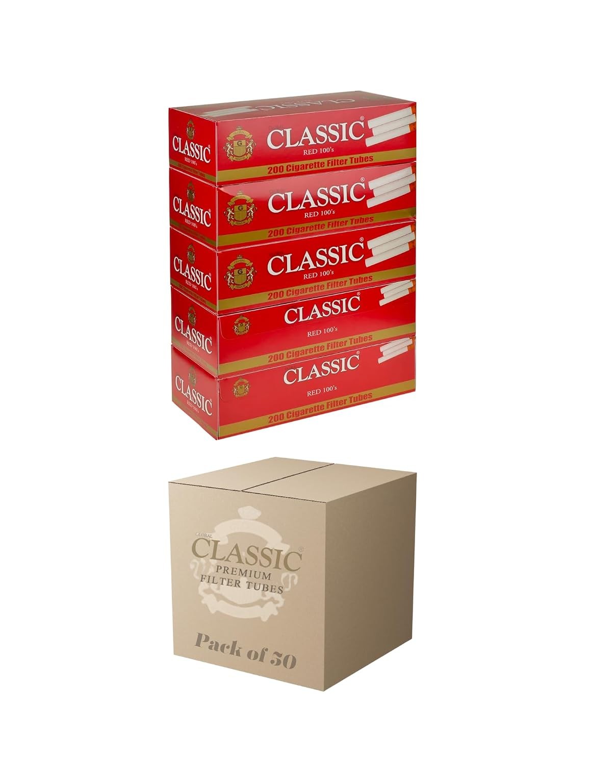 Red Regular King Size Cigarette Tubes 200 Count Per Box (Pack of 5)