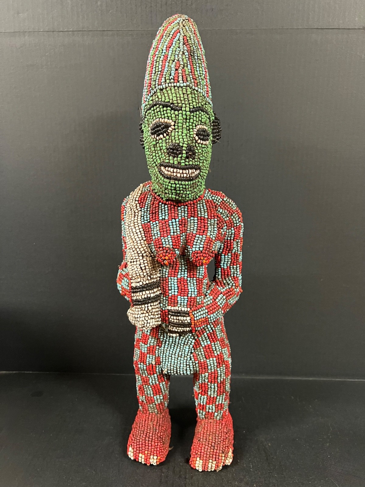 African Tribal Art Carved Wood Bamileke Beaded Statue