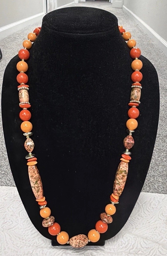 Vintage Multi-Color Orange Jasper Earthy Mottled Natural Stones Beaded Necklace