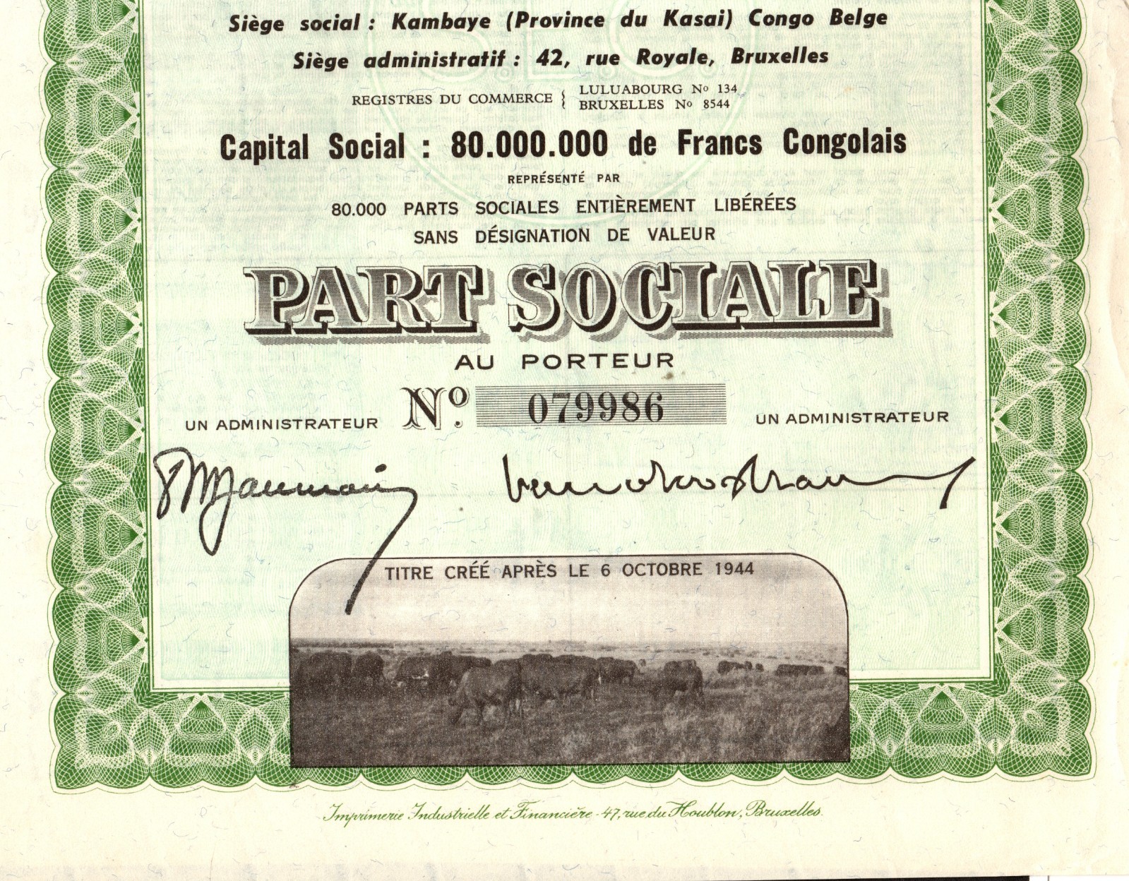 Societe d Elevage – Congo Belge – Original Bond Certificate – 1944 – #079986
