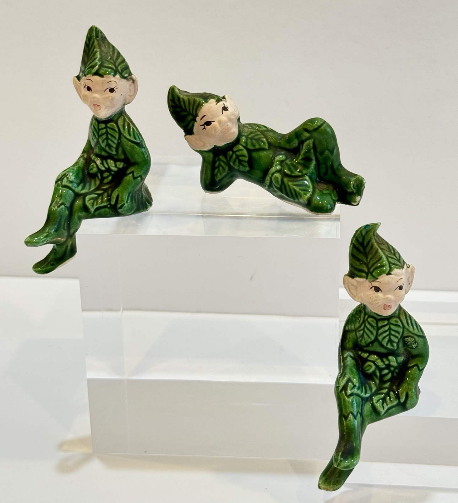 Vintage 50s Pixie Elf Japan Bisque Figurine Lot of 3 Green Ceramic Kitsch Fairy