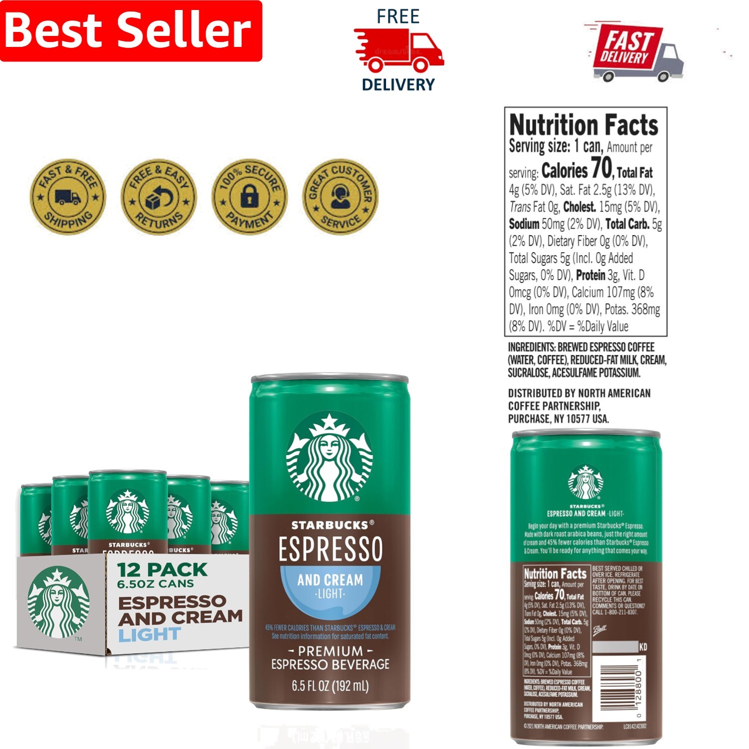 On-the-Go Espresso & Cream Light, 6.5 Oz Cans – 12 Pack for Energizing Moments