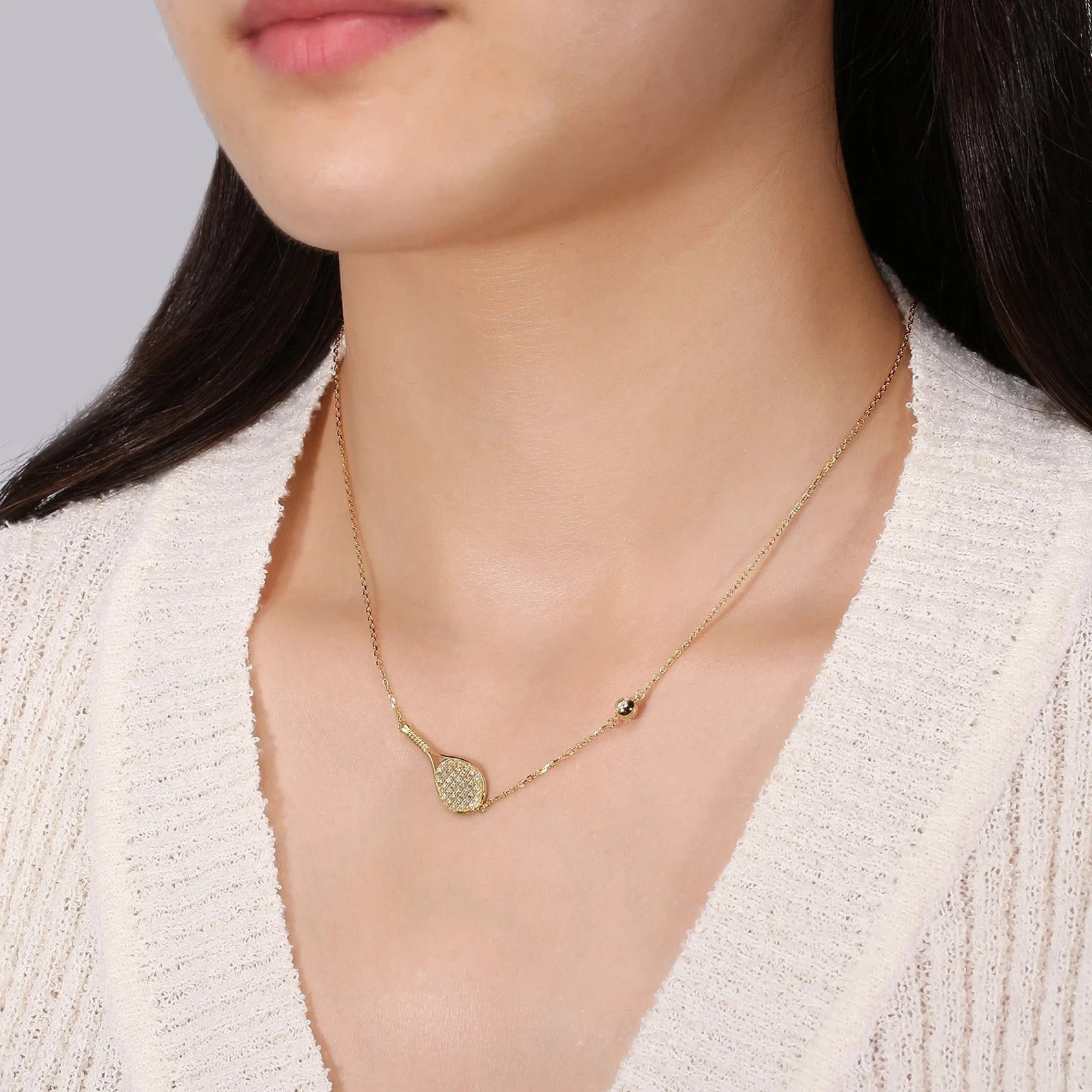 Diamond Tennis Racquet and Ball Pendant Necklace 18K Yellow Gold Over 18″ Chain