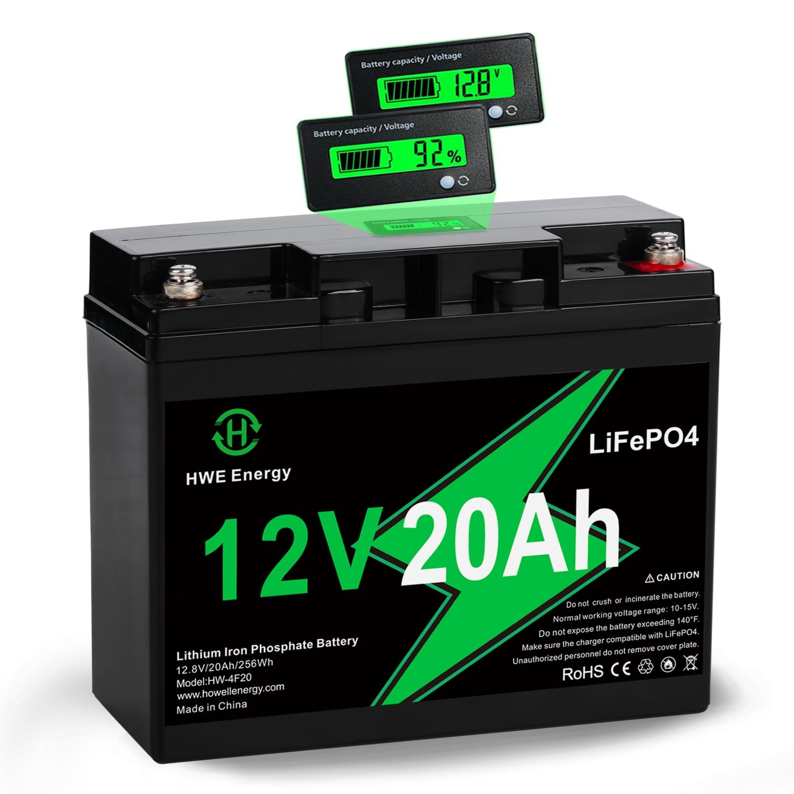 Hwe Energy 12V 20Ah Lifepo4 Rechargeable Battery Lcd Meter 5000 Deep Cycle 12