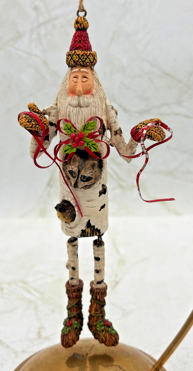 Woodland Birch Bark Santa Christmas Ornament w/ Racoon Folk Art Style Vintage