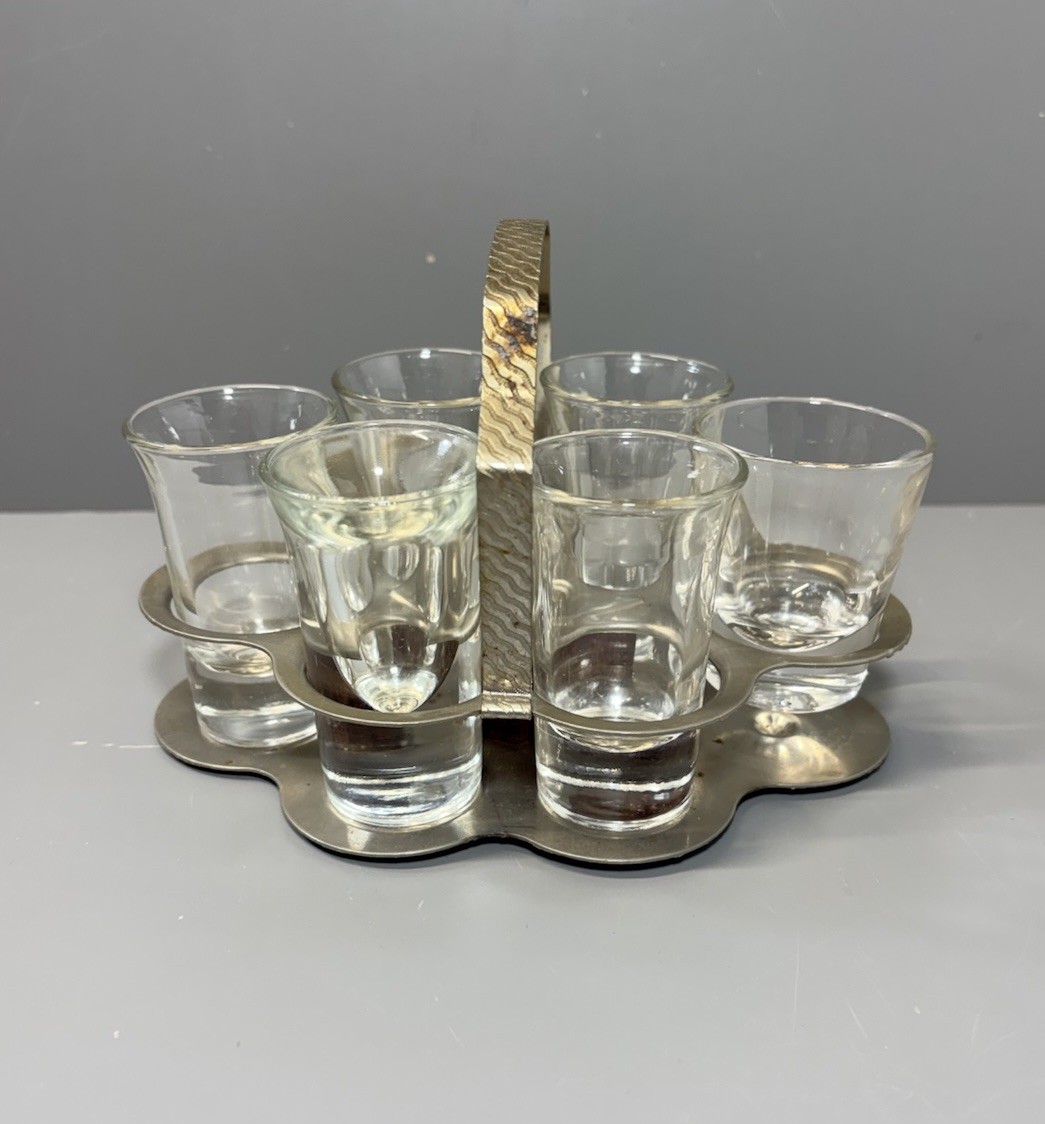 Vtg Metal Shot Glass Holder Carrier w/6 Clear Shot Glasses MCM *READ*