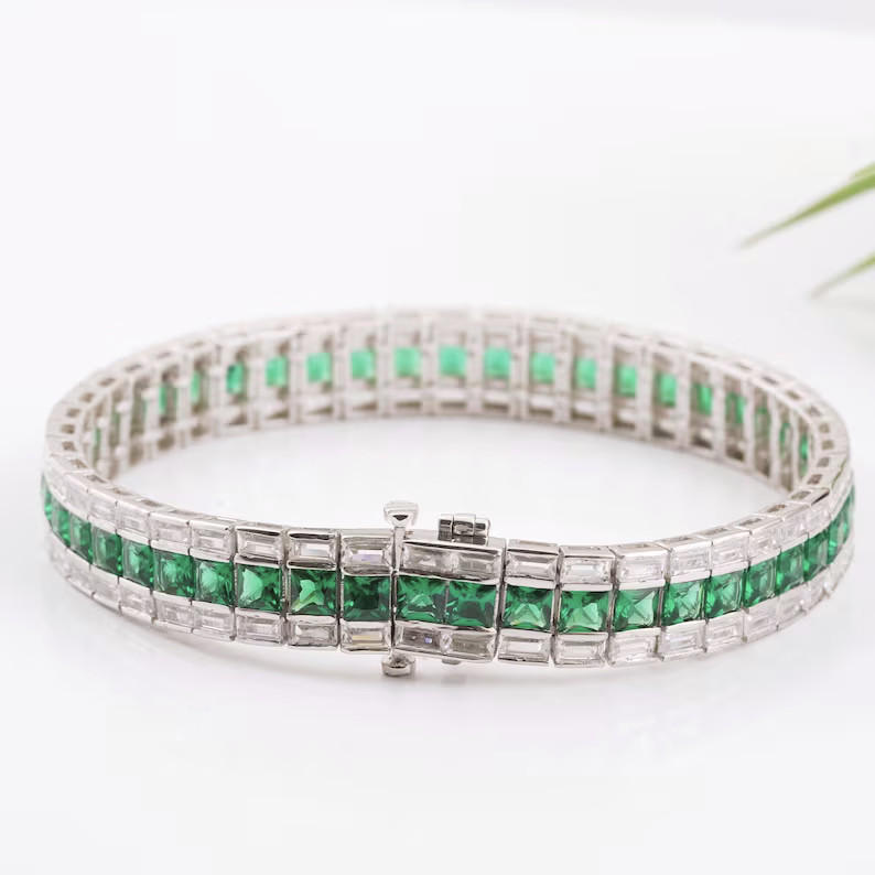Princess Emerald & Diamond 14K White Gold Over Mens Box Lock Bracelet 8.5″ Gift