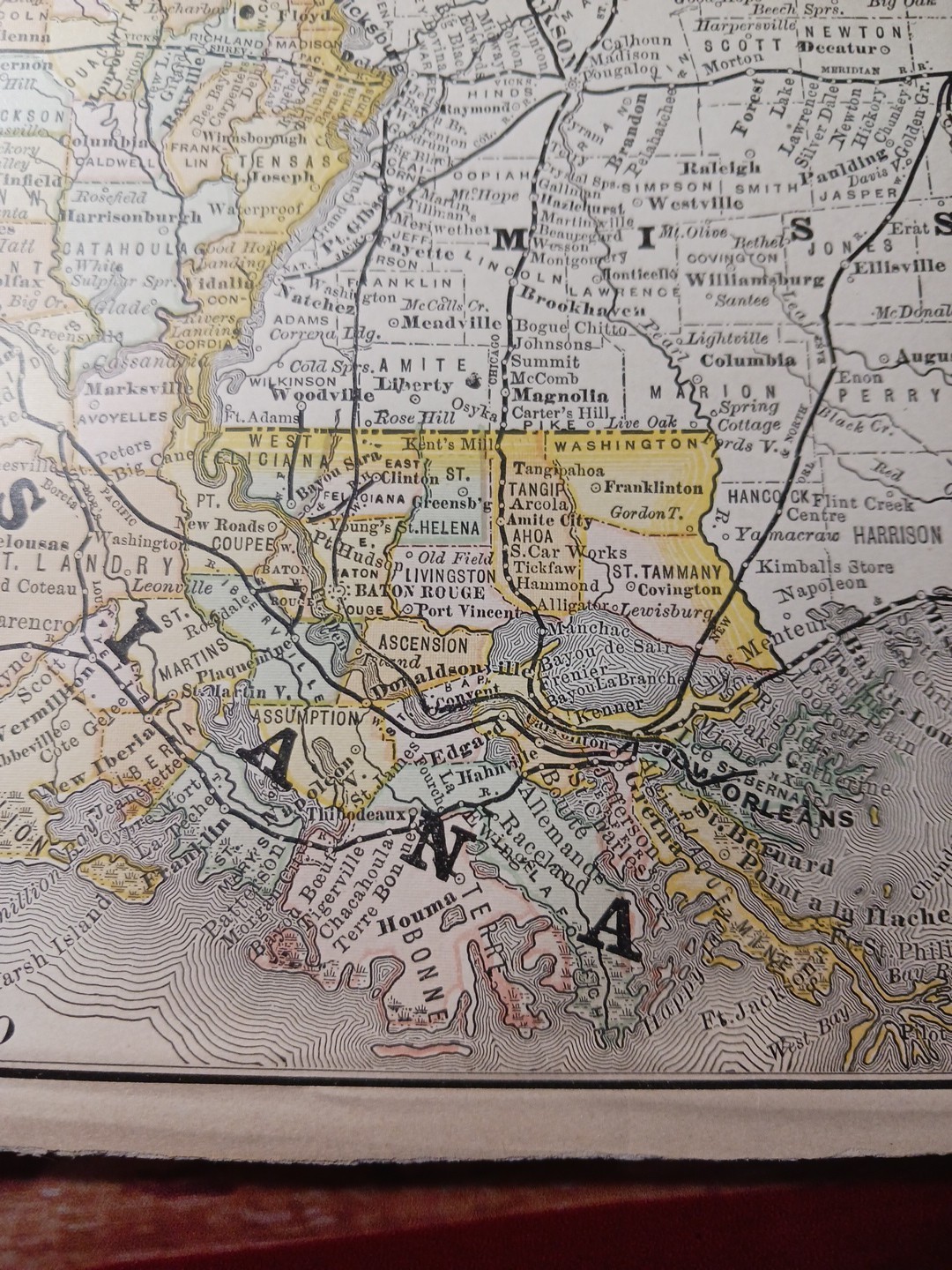 1884 Dated Railroad Map LOUISIANA multi Color All Train Lines Routes Depots Town