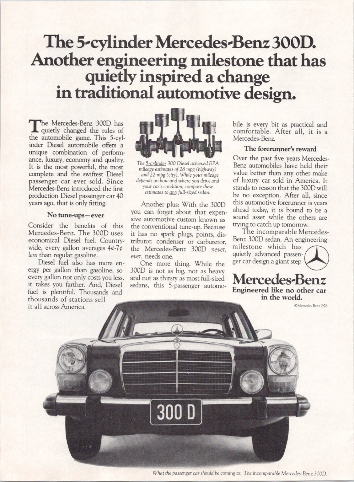 Mercedes-Benz 300D 5-Cylinder Diesel Sedan 1976 Vintage Magazine Ad Print