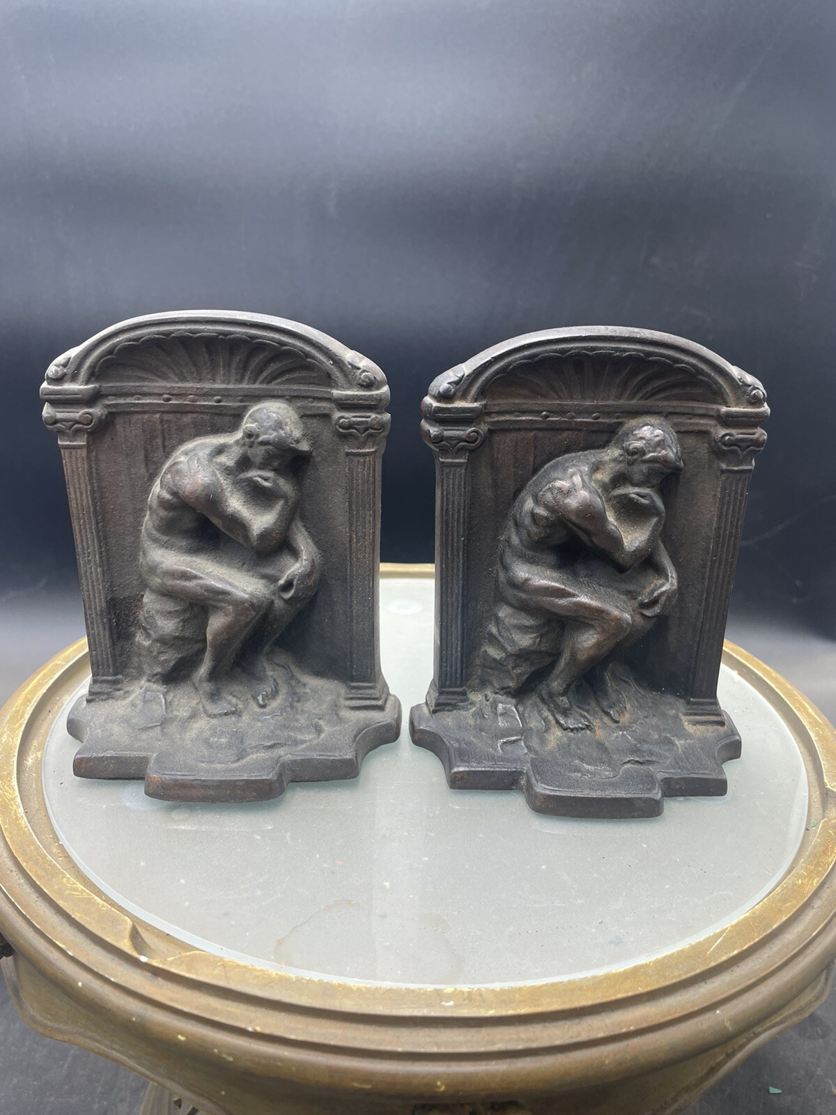 Antique Bronze Rodin “Thinker” Bookends 4.5” By 4”, Weigh 3.5 Pounds