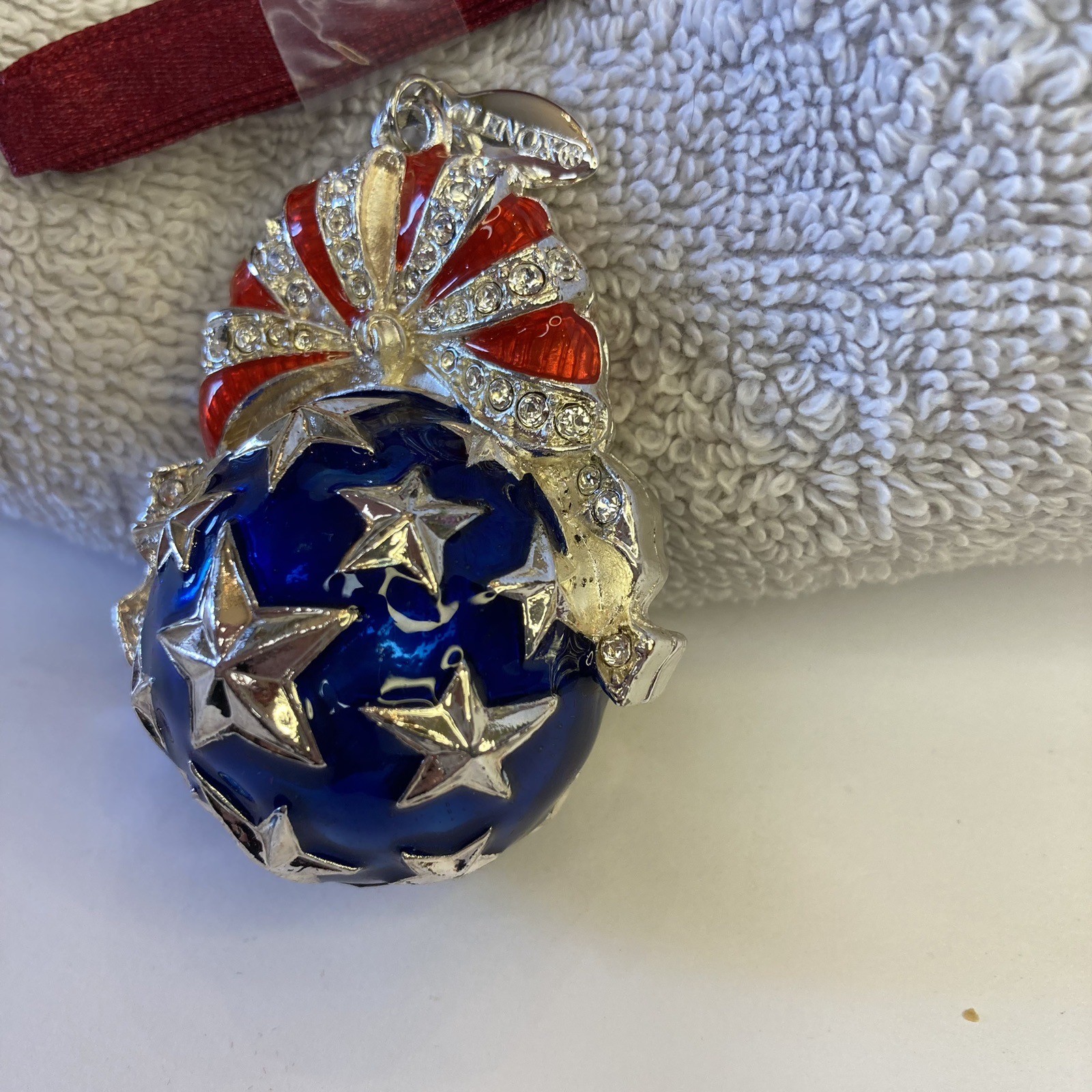 Patriotic Red White & Blue Star Spangled Ball Ornament Enamel Silver USA’s 250th