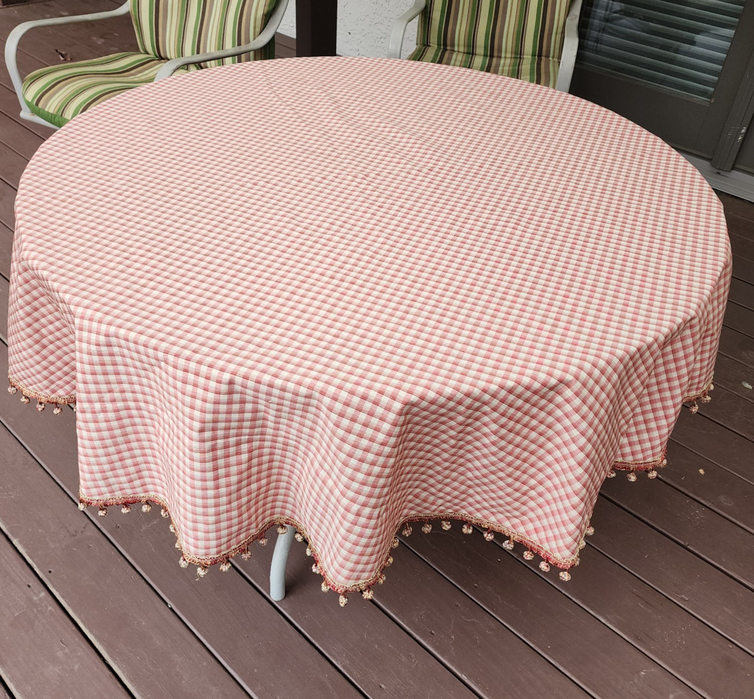 Custom Made Orange Gold Checked Round Tablecloth Pom Pom Trim Ribbon 71 in.