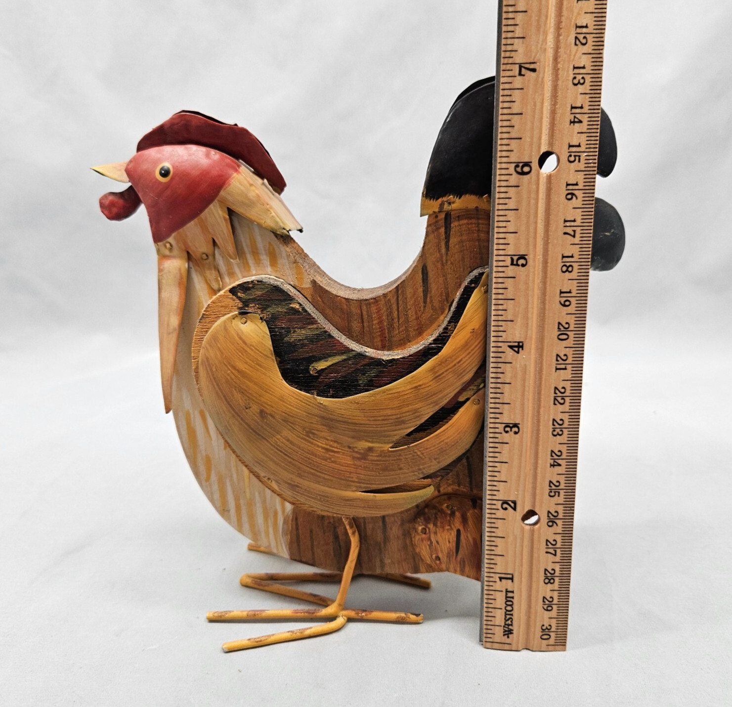 Rustic Farmhouse Chicken Mixed Material Handmade Wood Scrap Metal Wire Legs