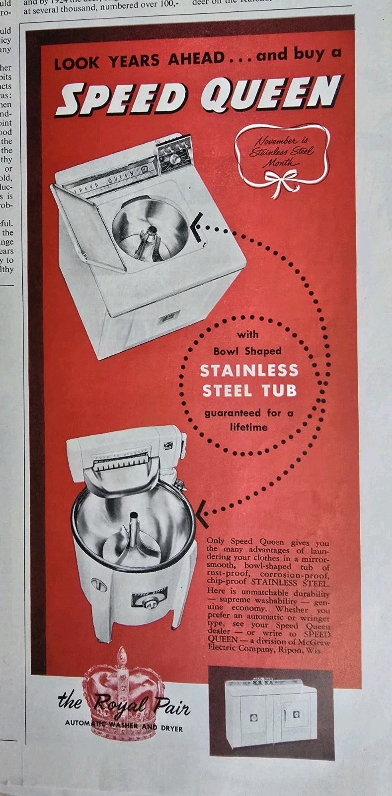 1956 Speed Queen Washer Washing Machines two styles vintage Laundry ad