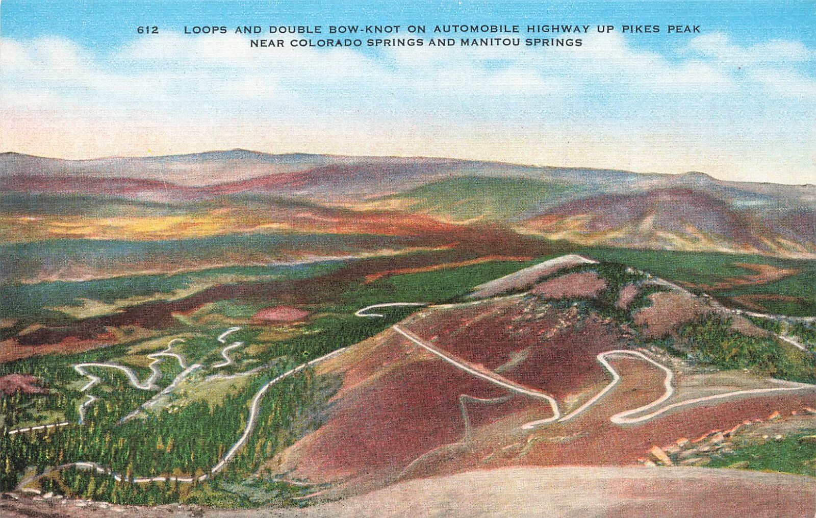 LOOPS & DOUBLE BOW KNOT AUTOMOTIVE HIGHWAY COLORADO LINEN POSTCARD HIGH GRADE