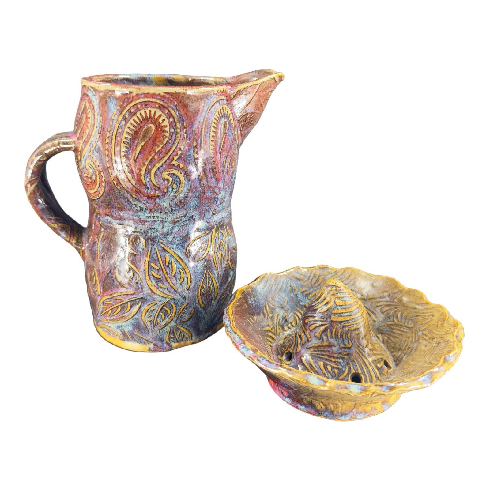 Hand Made Primitive Studio Art Pottery Pitcher With Juice Rimmer Stackable VTG