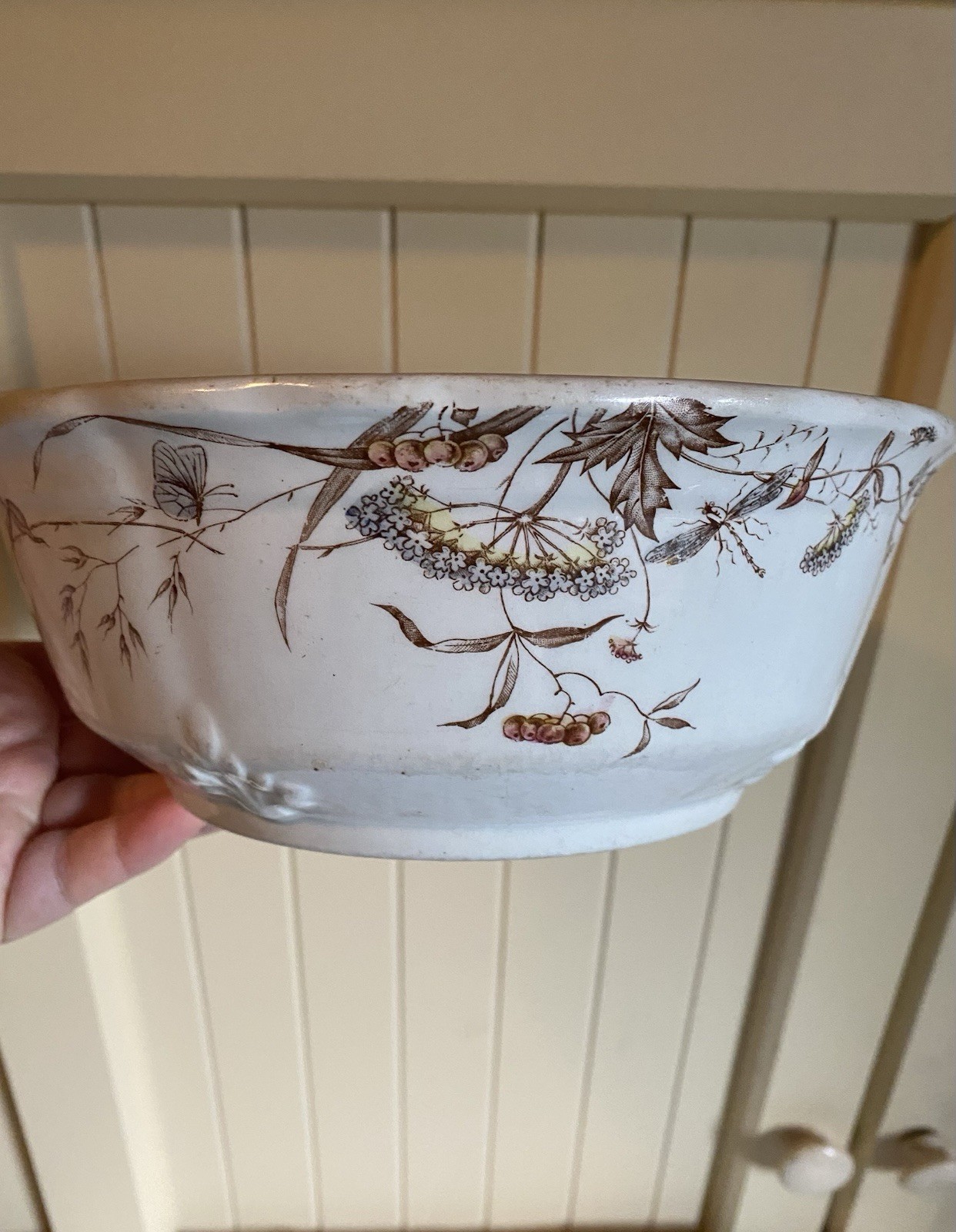 Antique J&G Meakin Victorian Ironstone Serving Bowl Dragonfly Transferware 8.5”