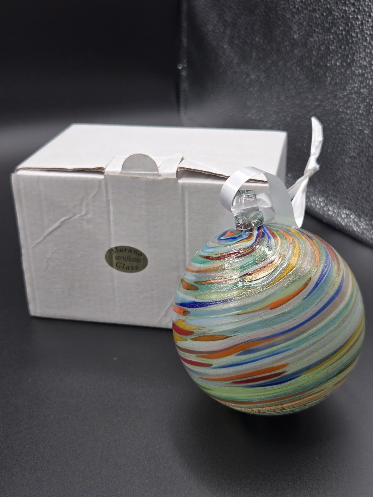 Murano Italy Hand Blown Multi Color Swirl Glass Round Hanging Ball Ornament – 4″