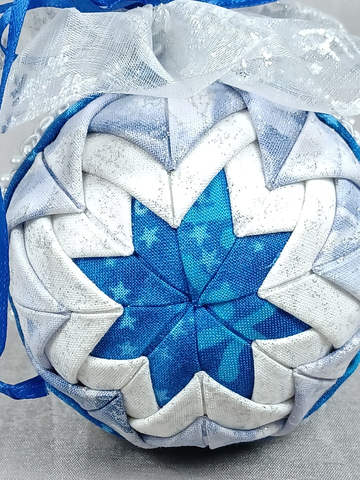 Handmade Folded Star Quilted Patch Holiday Ornament 3″ Blue White Cottagecore