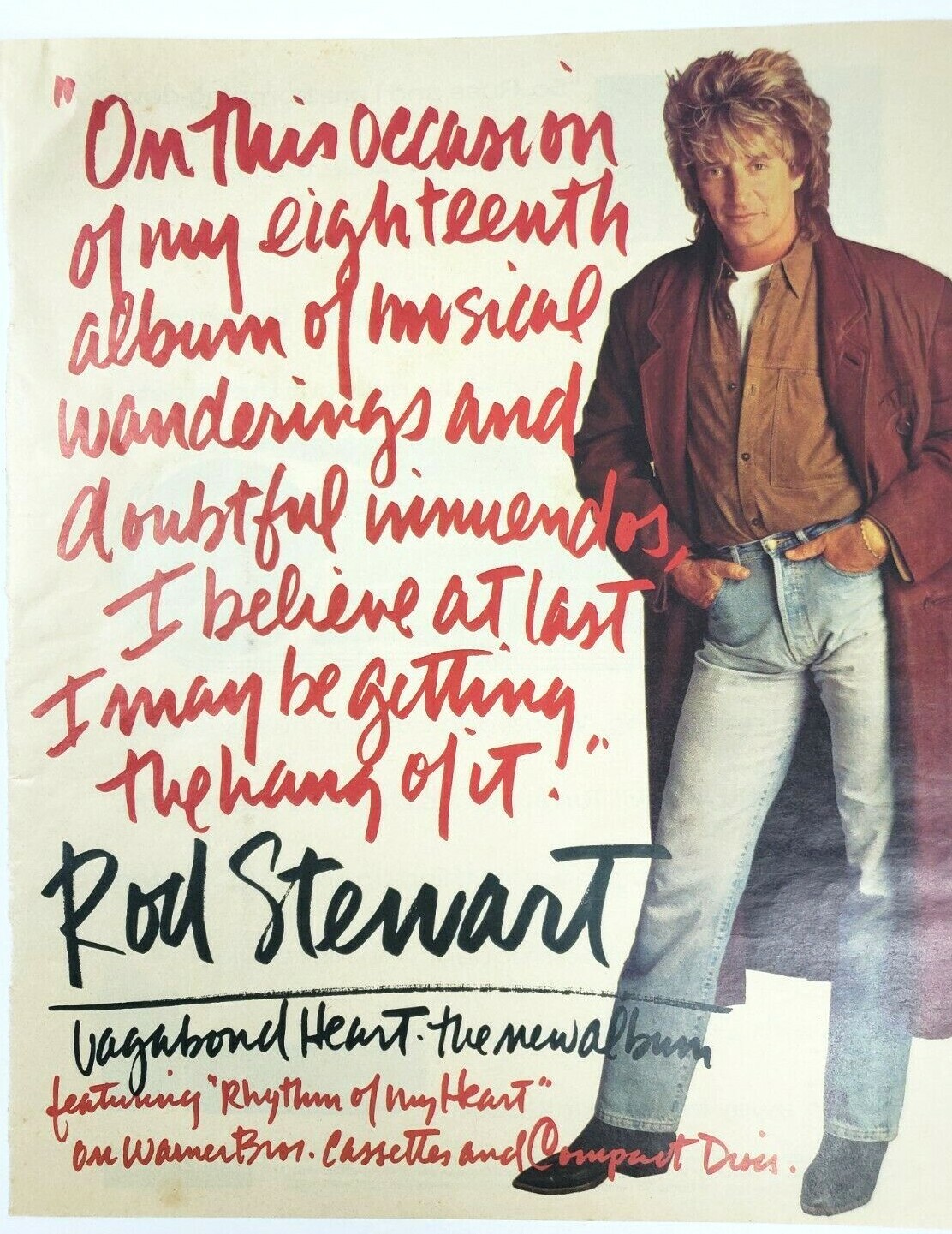 Rod Stewart Vagabond Heart Vintage 1991 Rolling Stone Rock Magazine Ad Warner