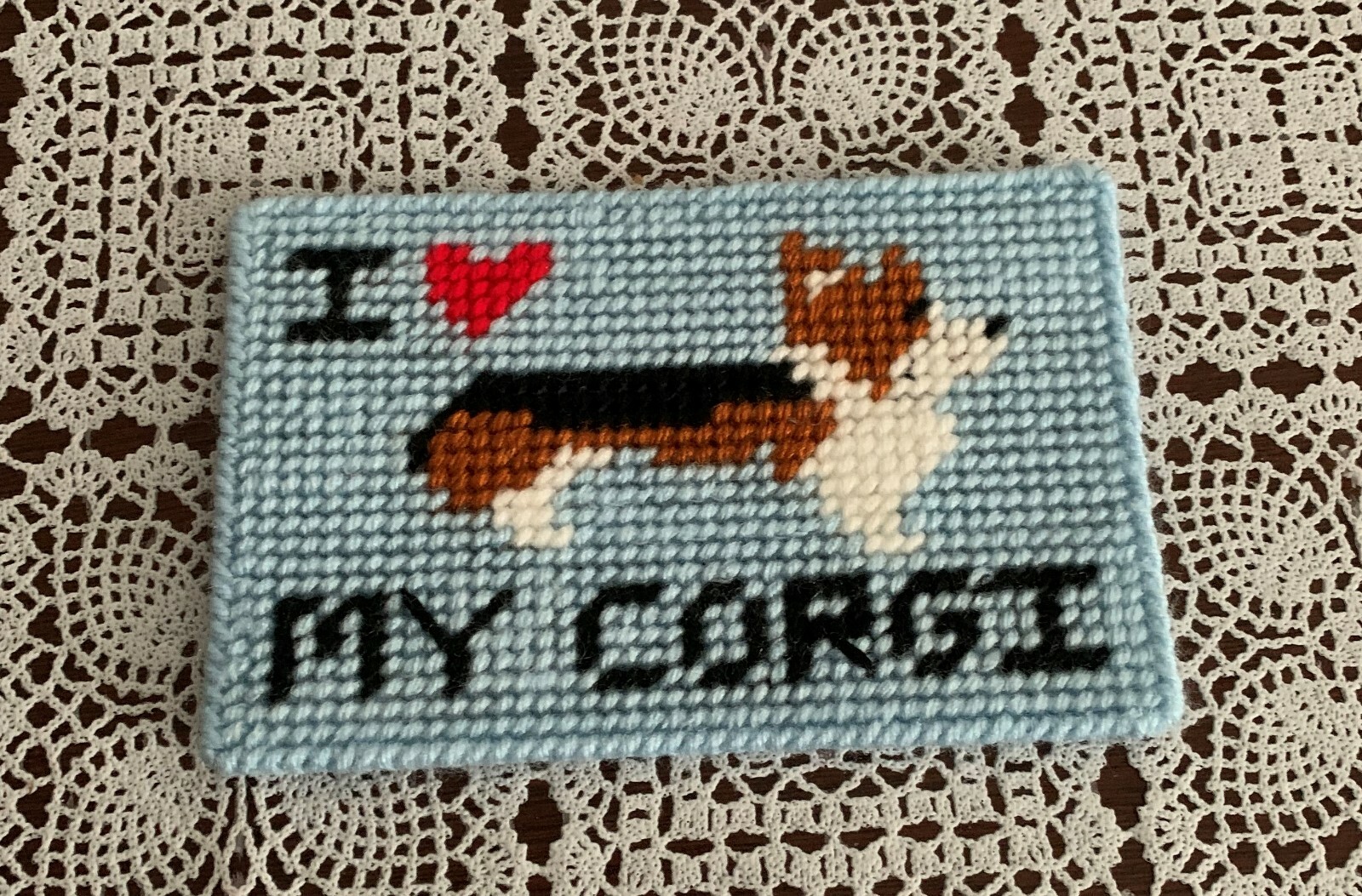 Handmade Red White Black Welsh Pembroke Corgi Love Needlepoint Sign Brand New