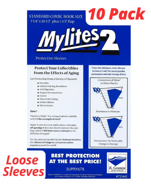 10 Mylites 2 Mil Mylar Comic Book Bags Standard Size 7 1/4″ x 10 1/2″ E. Gerber