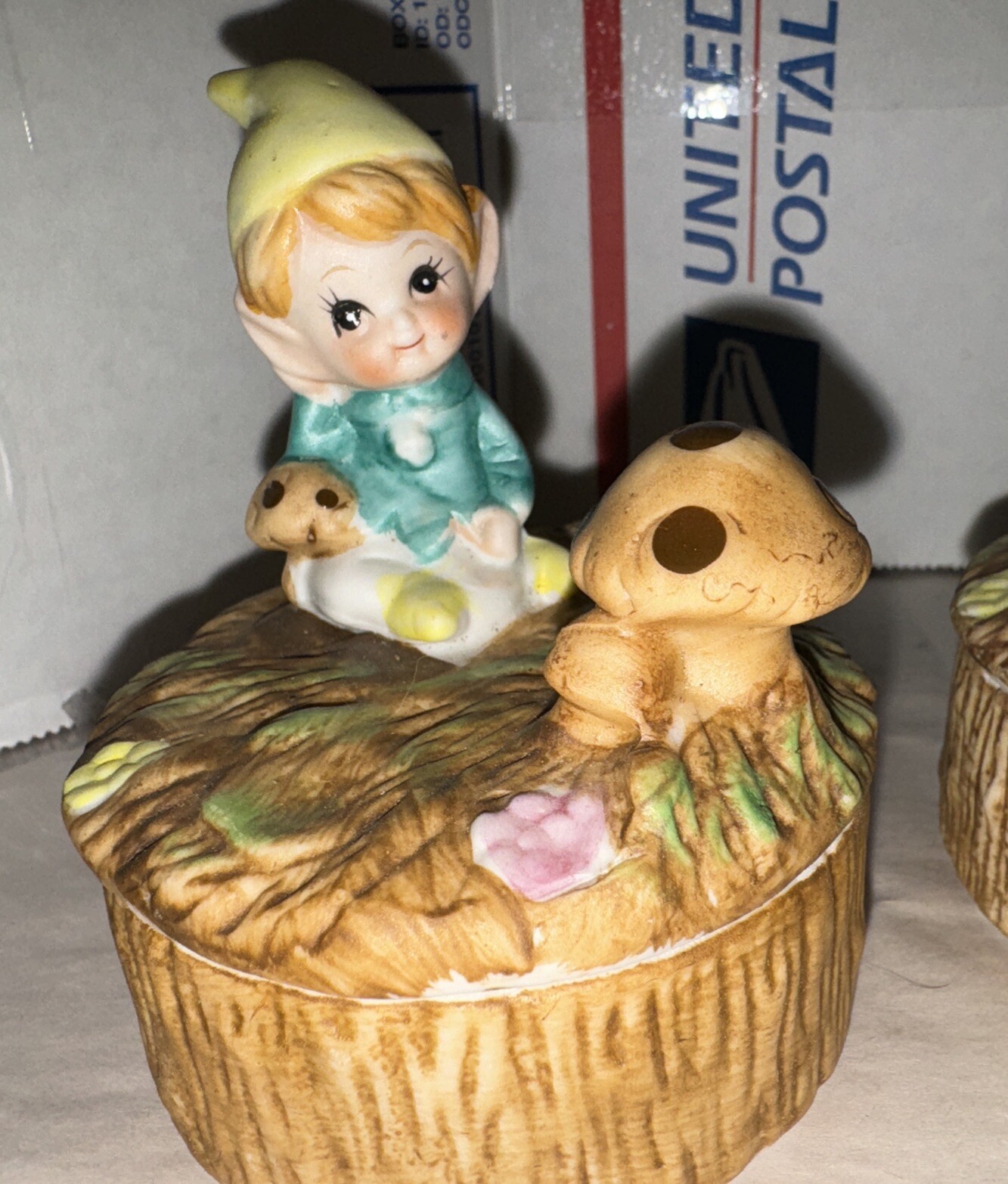Vintage Homco 5404 Pixie Gnome Elf Mushroom Ceramic Trinket Box Set Of 3