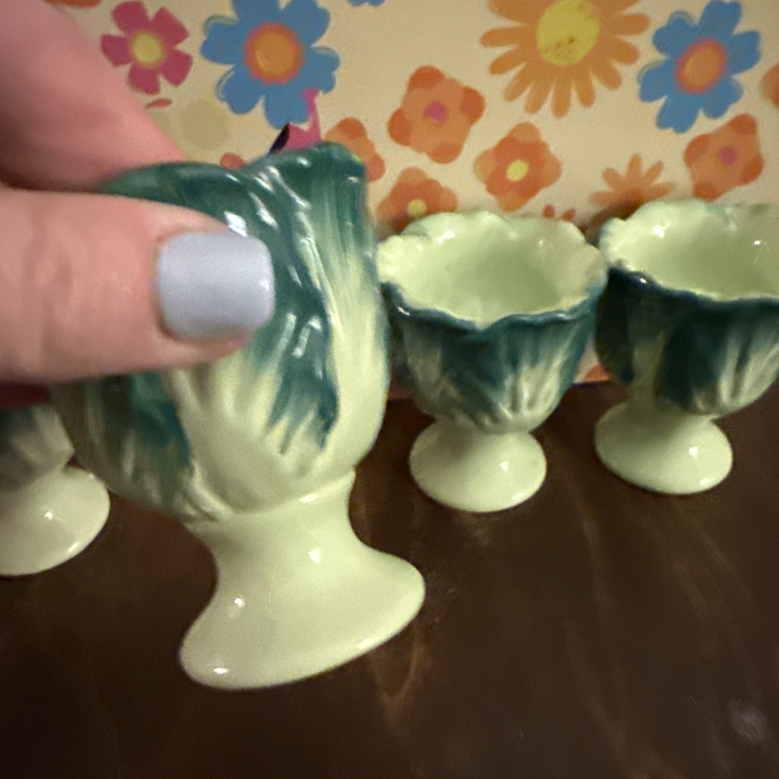 Vintage Ceramic Egg Cups 4 Anthropomorphic 1930’s 1950’s cabbage core
