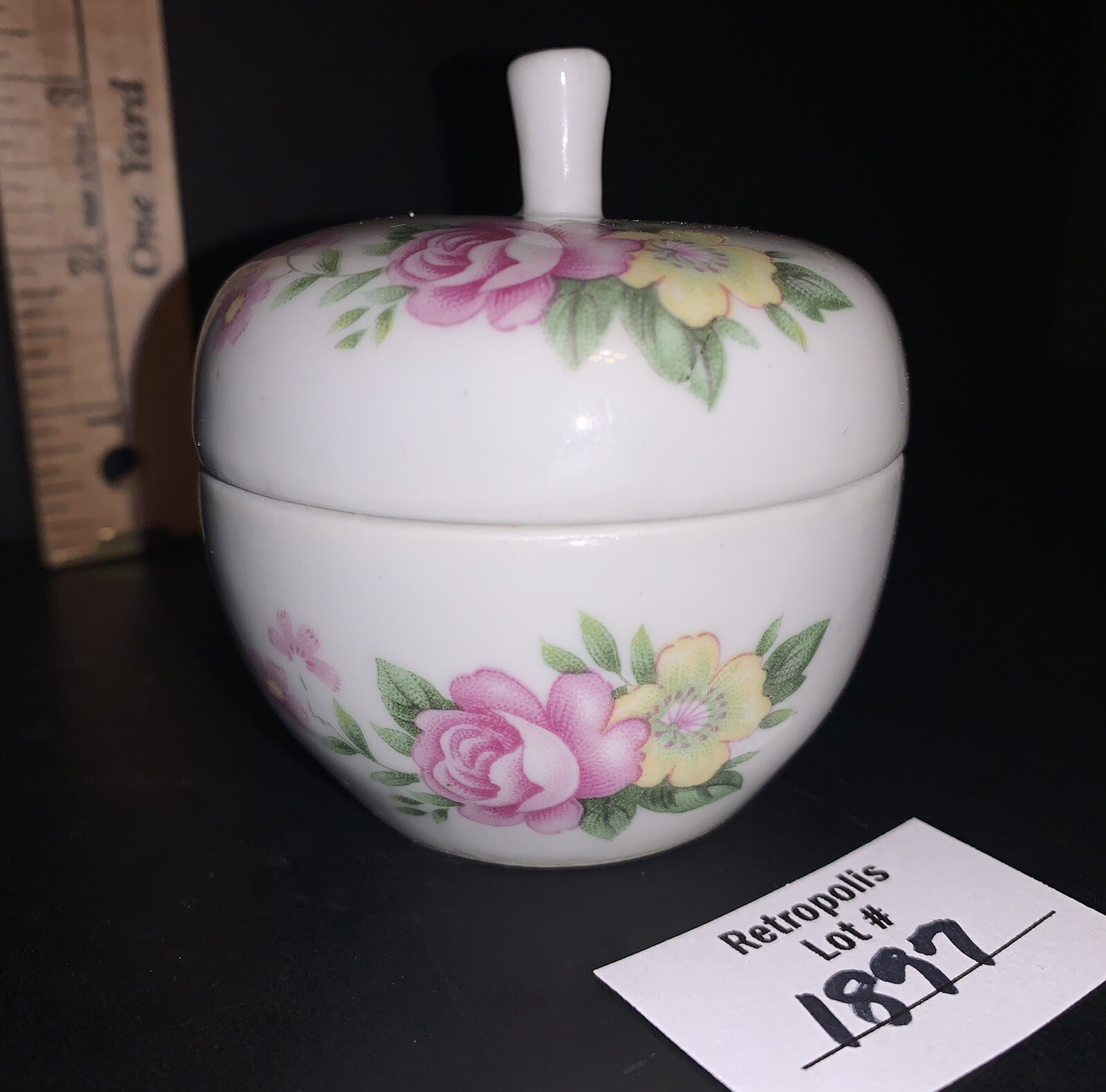 Ceramic Round Floral Trinket Jewelry Box Pink Yellow Vintage