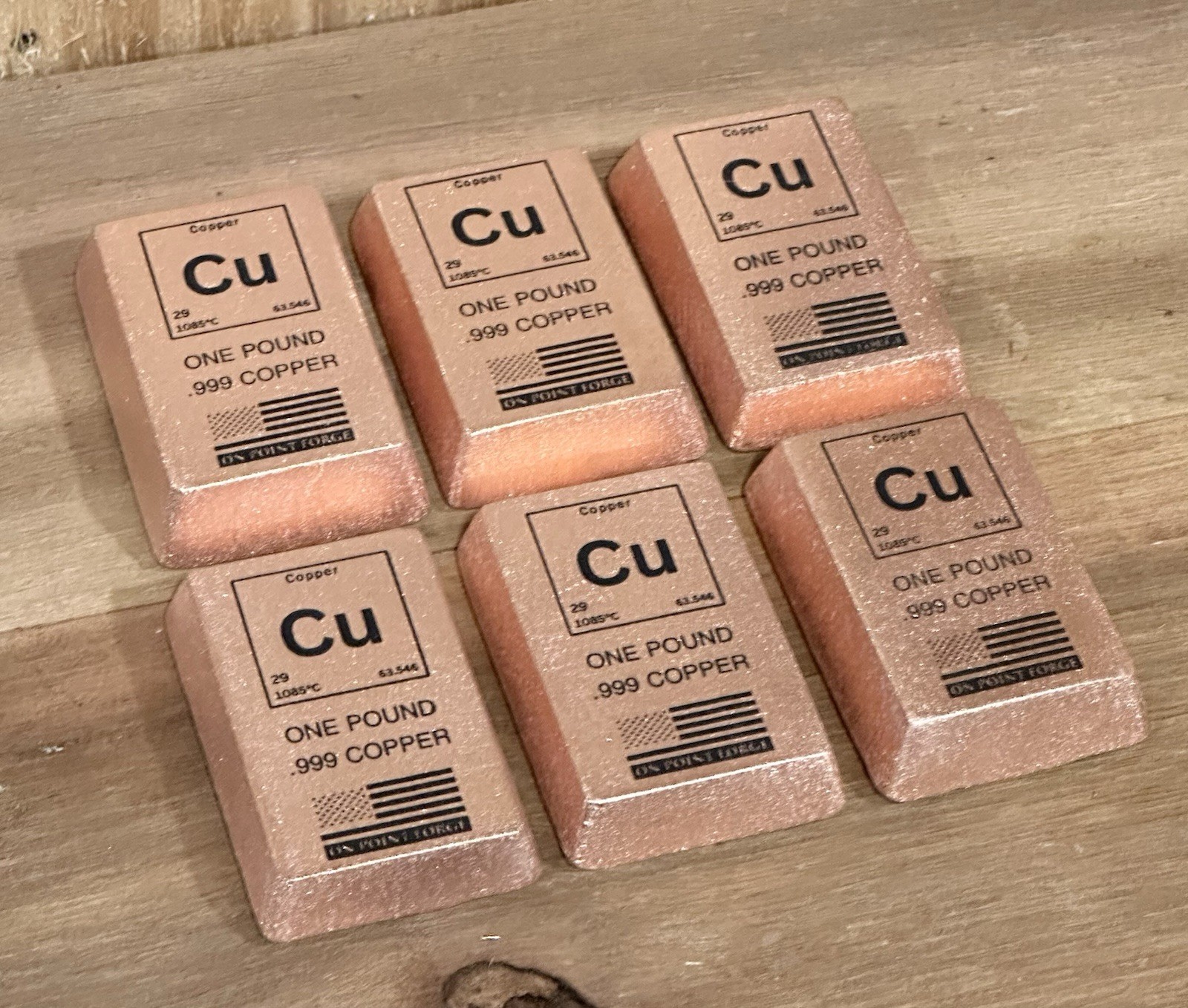6 Lb .999 Hand Poured Copper Bullion | Set Of Six 1lb Element Design Copper Bars