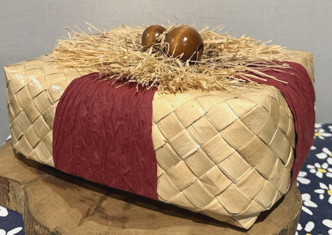 Vintage Lauhala Woven Box with Lid Boho Raffia Wood Bead Details Hawaiian Style